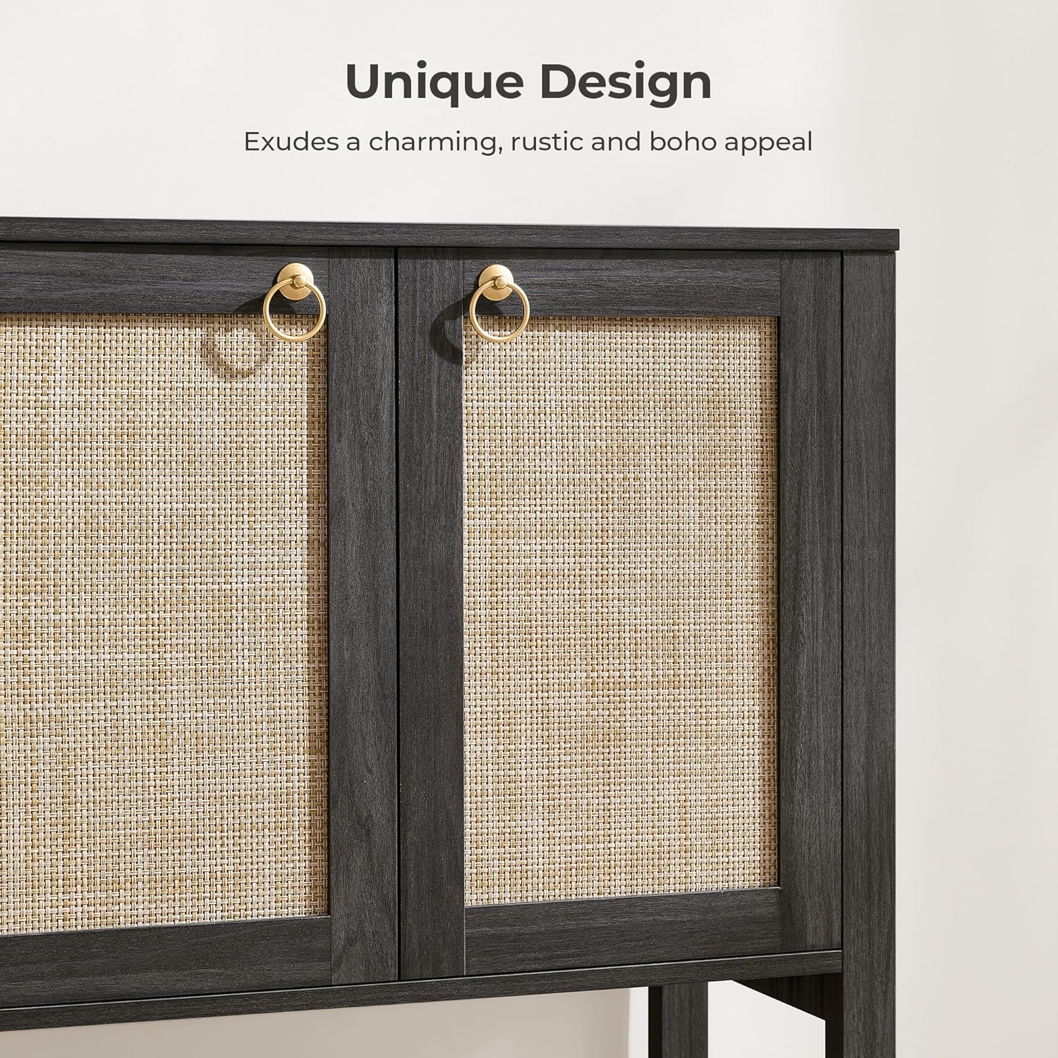 SICOTAS 55' Obsidian Sideboard Buffet Cabinet with Rattan Doors, Modern Industrial Coffee Bar Cabinet with Open Shelf, Black Wood Credenza & Console Table for Entryway, Kitchen, Dining Room