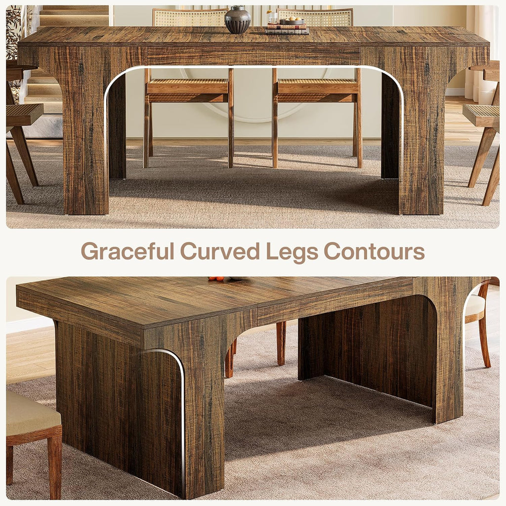 Tribesigns 71-Inch Farmhouse Dining Table for 6-8, Long Modern Wooden Kitchen Table with Arched Design, Large Rectangular Dining Furniture with Double Pedestal for Dinner Room, Rustic Brown