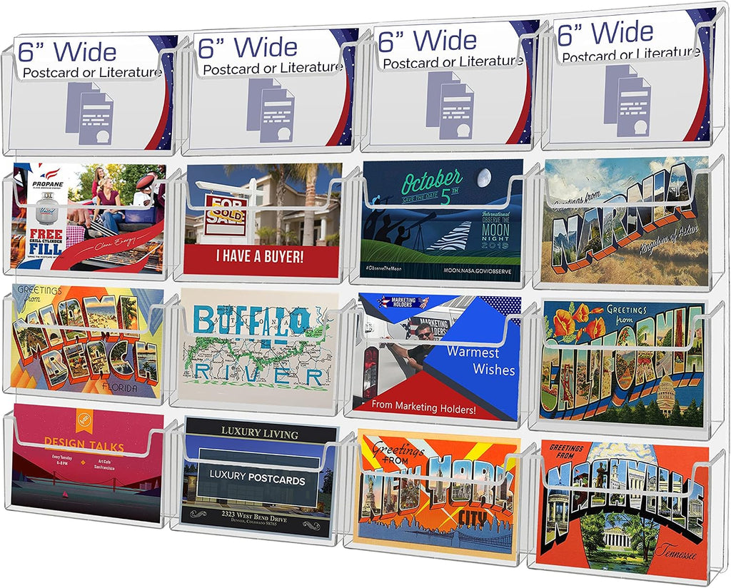 Marketing Holders Post Card Holder Acrylic 16 Pockets Holds 6' Printed Media Hanging Hardware Included Use at Real Estate Offices Hotels Resorts Convention Centers Hotels Eye Catching Clear