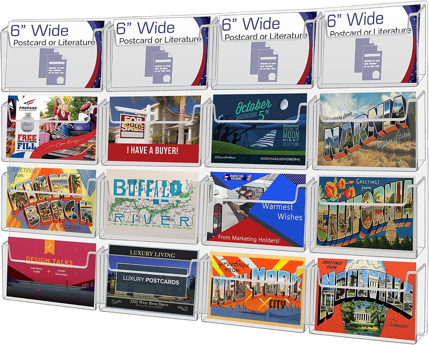 Marketing Holders Post Card Holder Acrylic 16 Pockets Holds 6' Printed Media Hanging Hardware Included Use at Real Estate Offices Hotels Resorts Convention Centers Hotels Eye Catching Clear