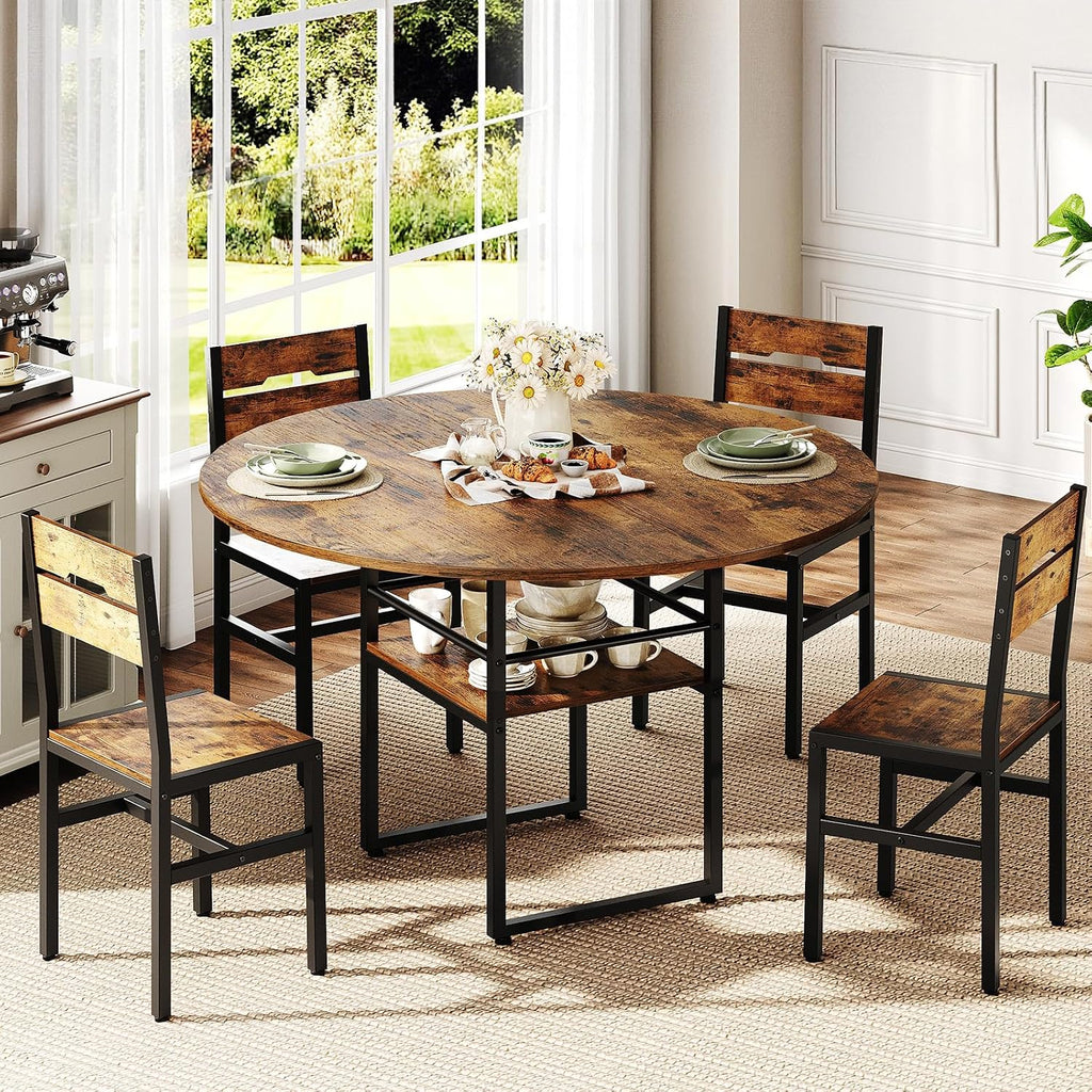 RALGEND 47.2' Round Dining Table Set for 4, Circle Kitchen Table and 4 Chairs, 5 piece Dining Table Set, with Wooden Tabletop and Widen Seat, Space Saving, for Dining Room, Rustic Brown and Black