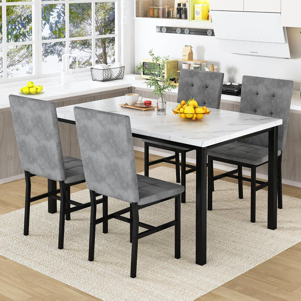 AWQM Dining Table Set for 4,Faux Marble Kitchen Table and Chairs Set of 4, Modern Dining Room Set for 4,Dinner Table Set with Velvet Chairs, Dining Set for Small Spaces,White & Grey