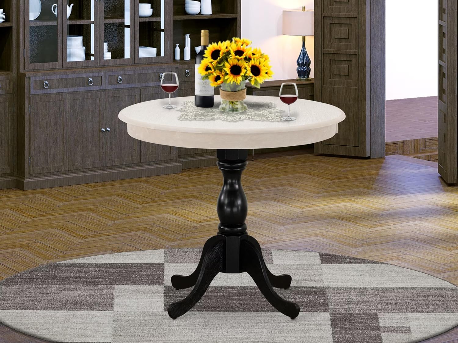East West Furniture AMT-ACB-TP Antique Dining Room Table - a Round Kitchen Table Top with Pedestal Base, 36x36 Inch, Multi-Color