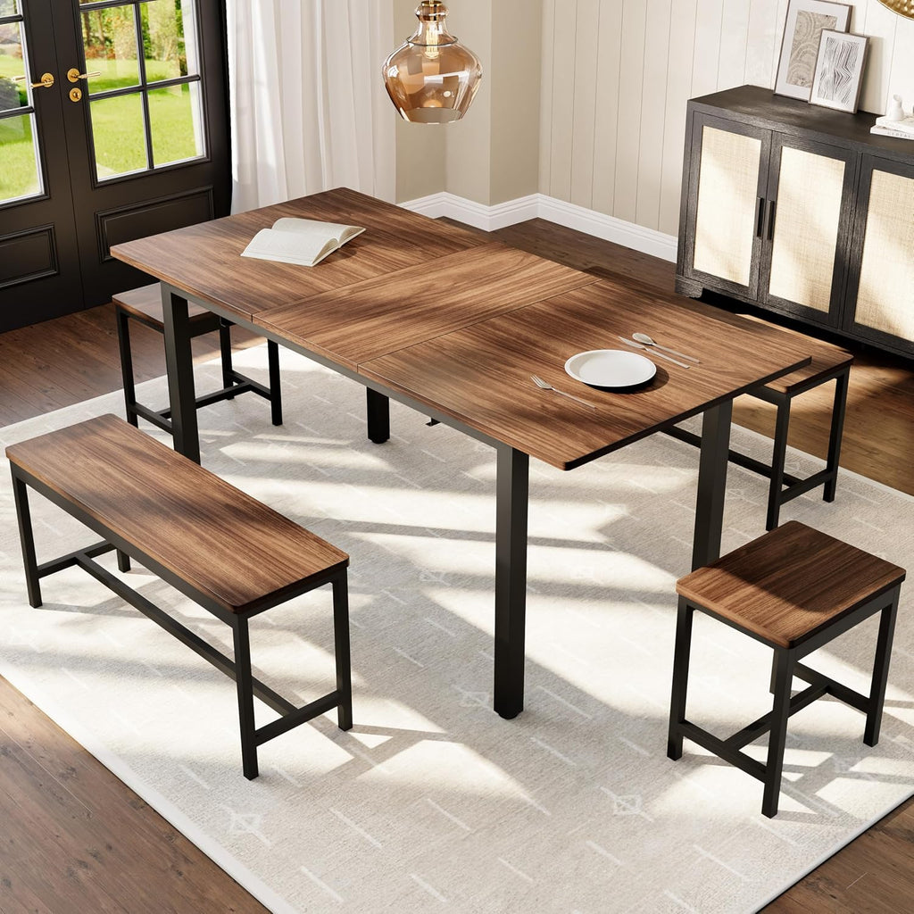 GarveeHome 5-Piece Dining Table Set for 4-8 People, 63 in Large Extendable Kitchen Table Set with 2 Benches and 2 Square Stools, Modern Dining Room Furniture Sets, Easy Assembly, Espresso