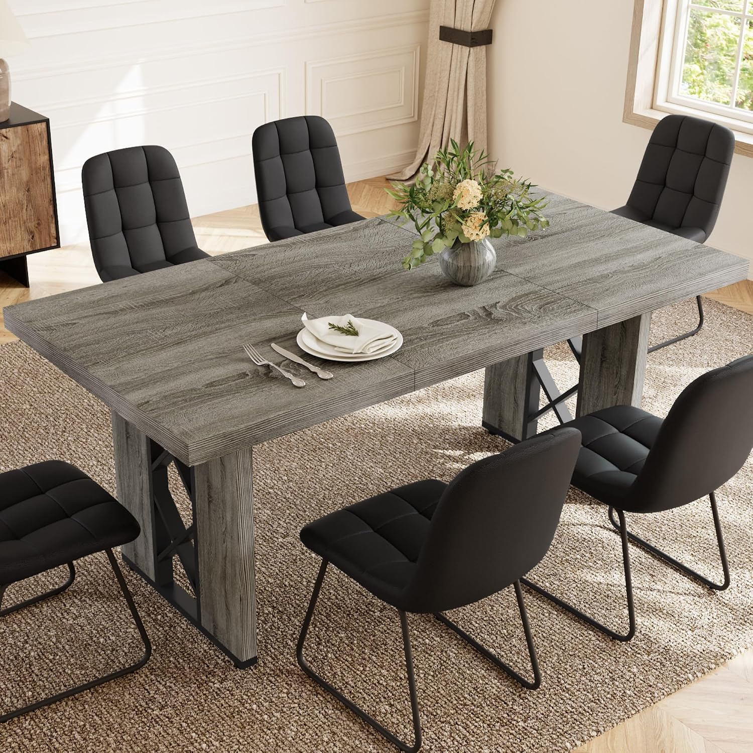 HIPIHOM 7-Piece Dining Table Set for 6 People, 70.8' MDF Kitchen Table with 6 Upholstered Chairs, Space-Saving for Dining Room, Breakfast Nook(Grey Table+6 U-Shaped Black Chairs)