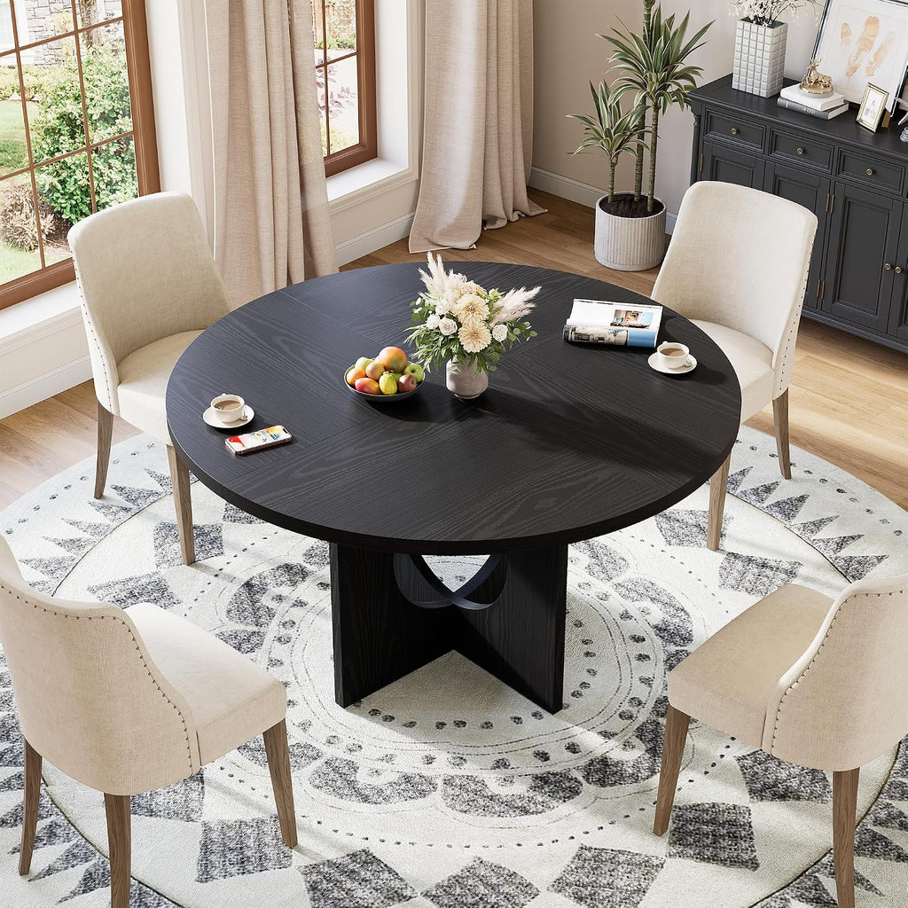 Garvee 47' Round Dining Table for 4-6 People - Circle Kitchen Dinner Table with Sturdy Pedestal Base, Space Saving Dinning Room Furniture for Living Room, Kitchen, Apartment, Black