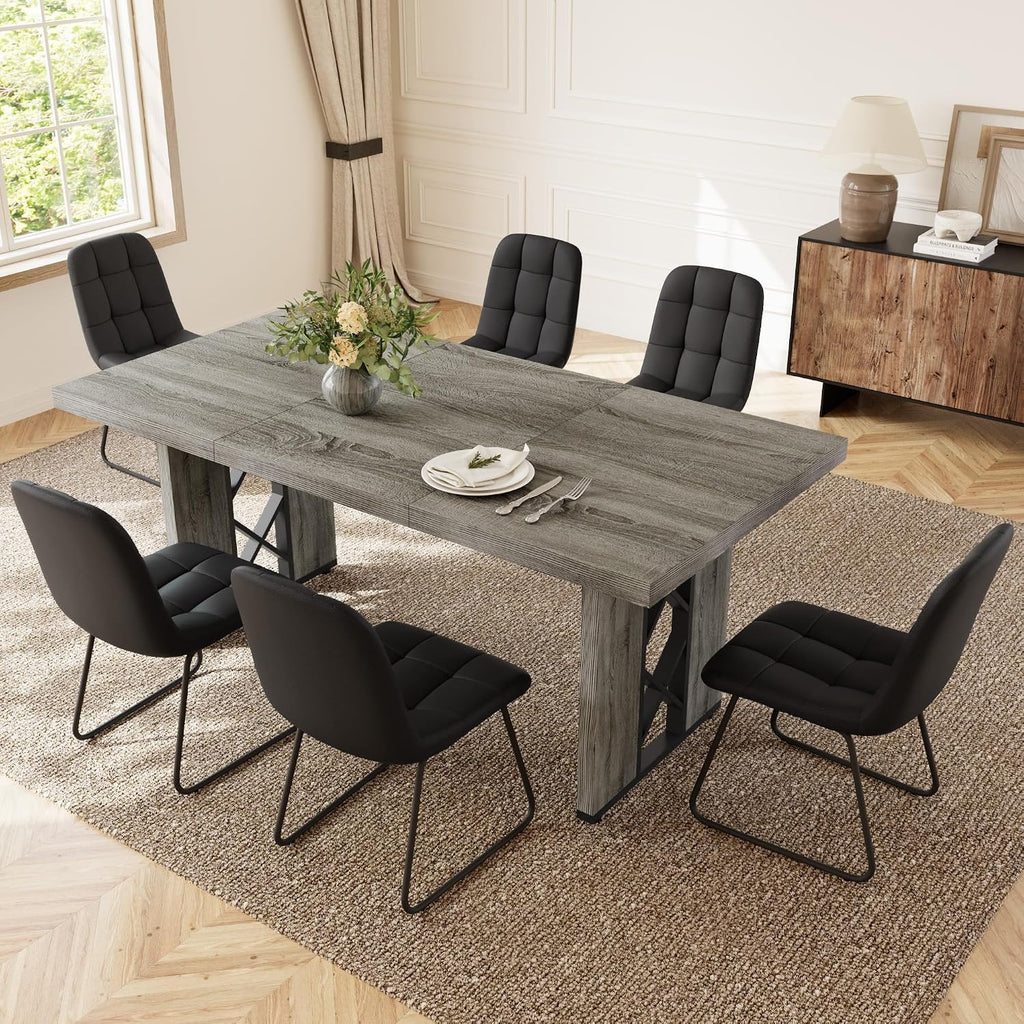 HIPIHOM 7-Piece Dining Table Set for 6 People, 70.8' MDF Kitchen Table with 6 Upholstered Chairs, Space-Saving for Dining Room, Breakfast Nook(Grey Table+6 U-Shaped Black Chairs)