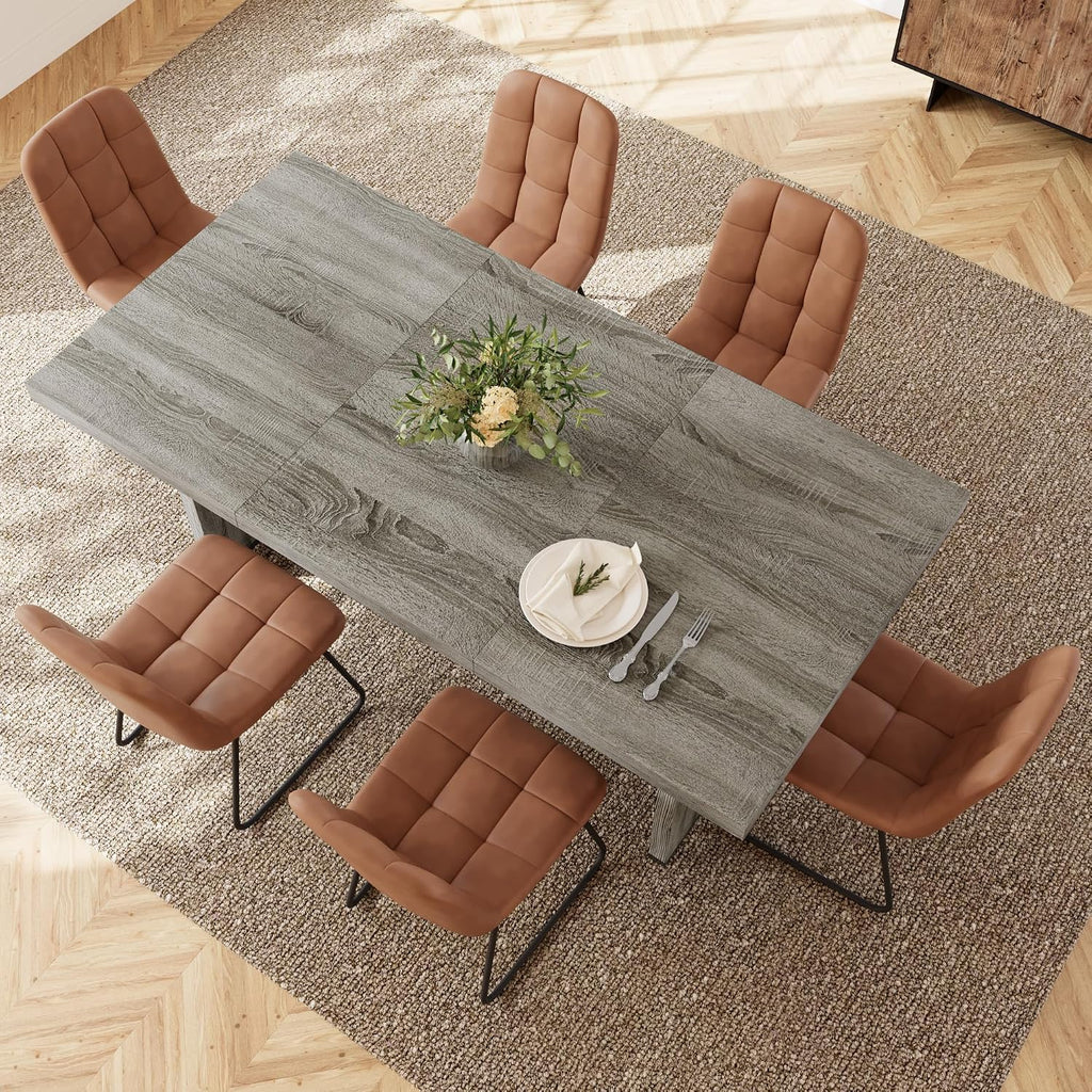 HIPIHOM 7-Piece Dining Table Set for 6 People, 70.8' MDF Kitchen Table with 6 Upholstered Chairs, Space-Saving for Dining Room, Breakfast Nook(Grey Table+6 Brown Chairs)
