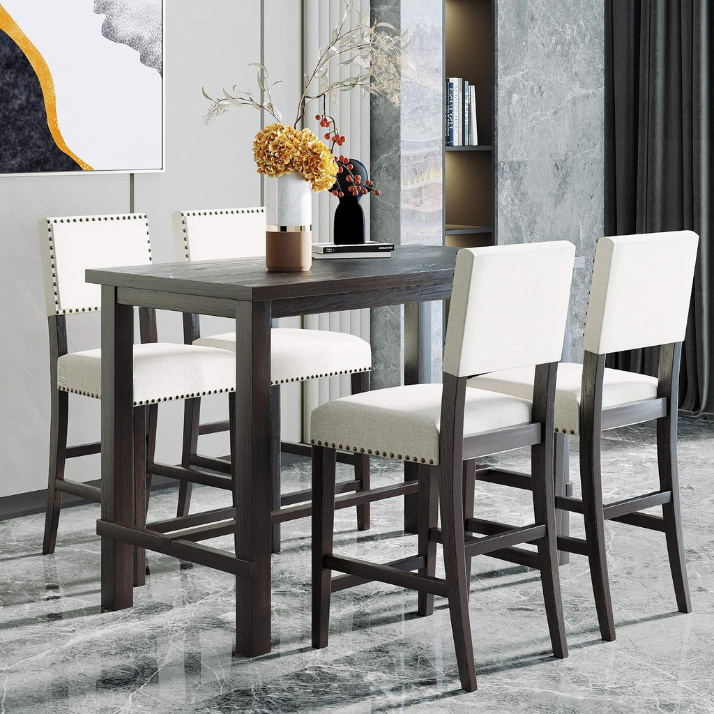 Merax 5 Piece Dining Table Set for 4,Counter Height Kitchen Table Set with One Rectangle Table and 4 Cushioned Chairs for 4 Persons Dining Room Table Set for Small Place