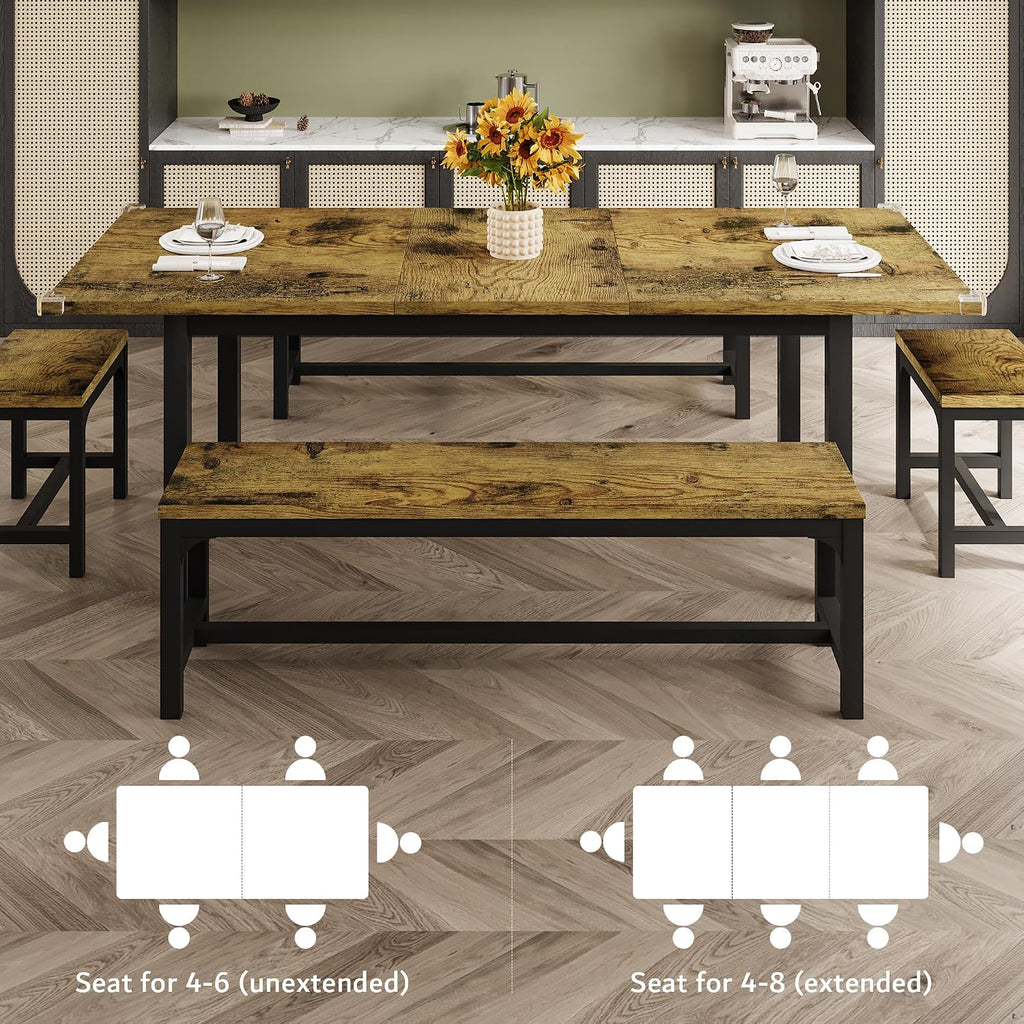 iPormis 5-Piece Dining Table Set for 4-8 People, Extendable Kitchen Table Set with 2 Benches and 2 Square Stools, Mid-Century Dining Room Table with Metal Frame & MDF Board, Saving Space, Rustic Brown