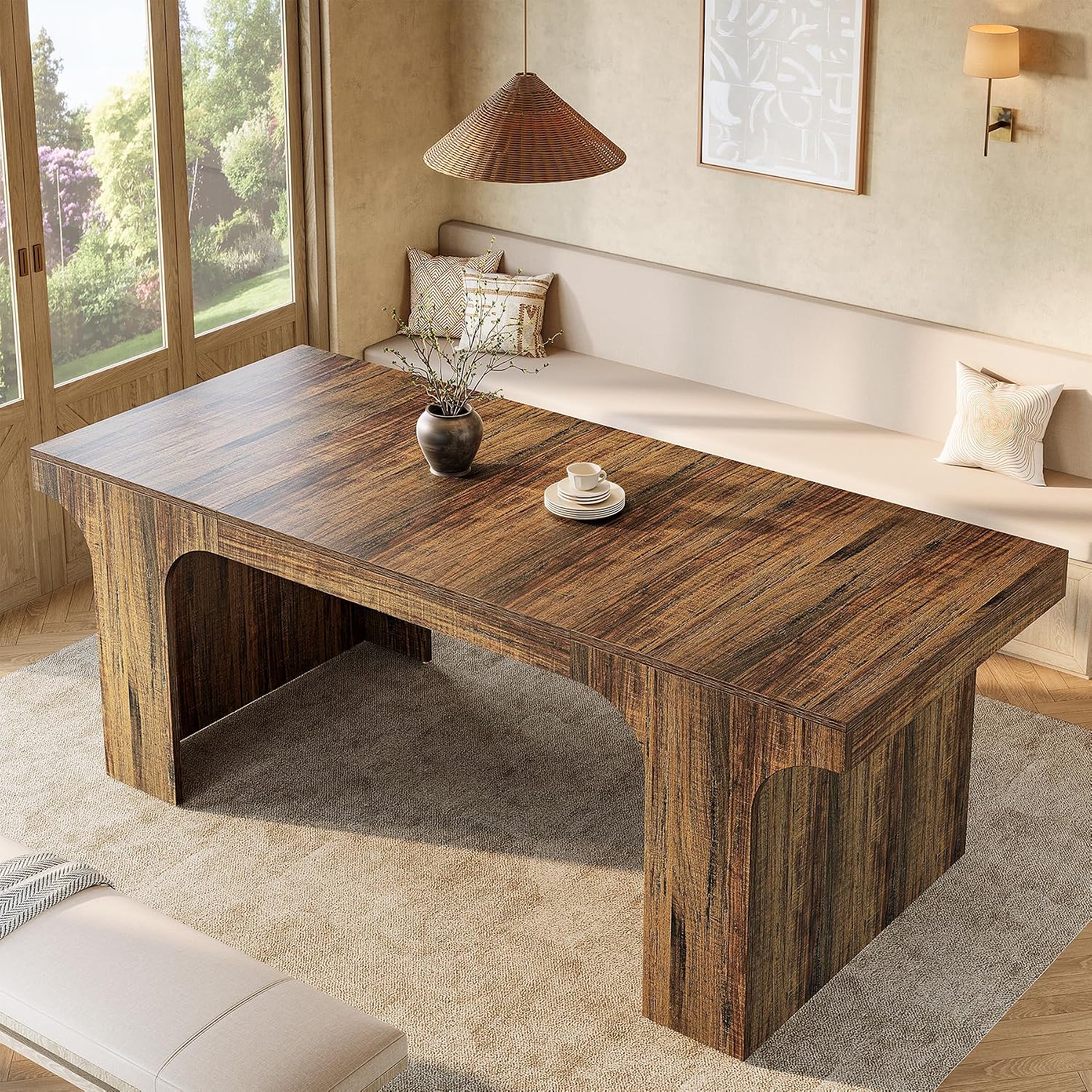 Tribesigns 71-Inch Farmhouse Dining Table for 6-8, Long Modern Wooden Kitchen Table with Arched Design, Large Rectangular Dining Furniture with Double Pedestal for Dinner Room, Rustic Brown
