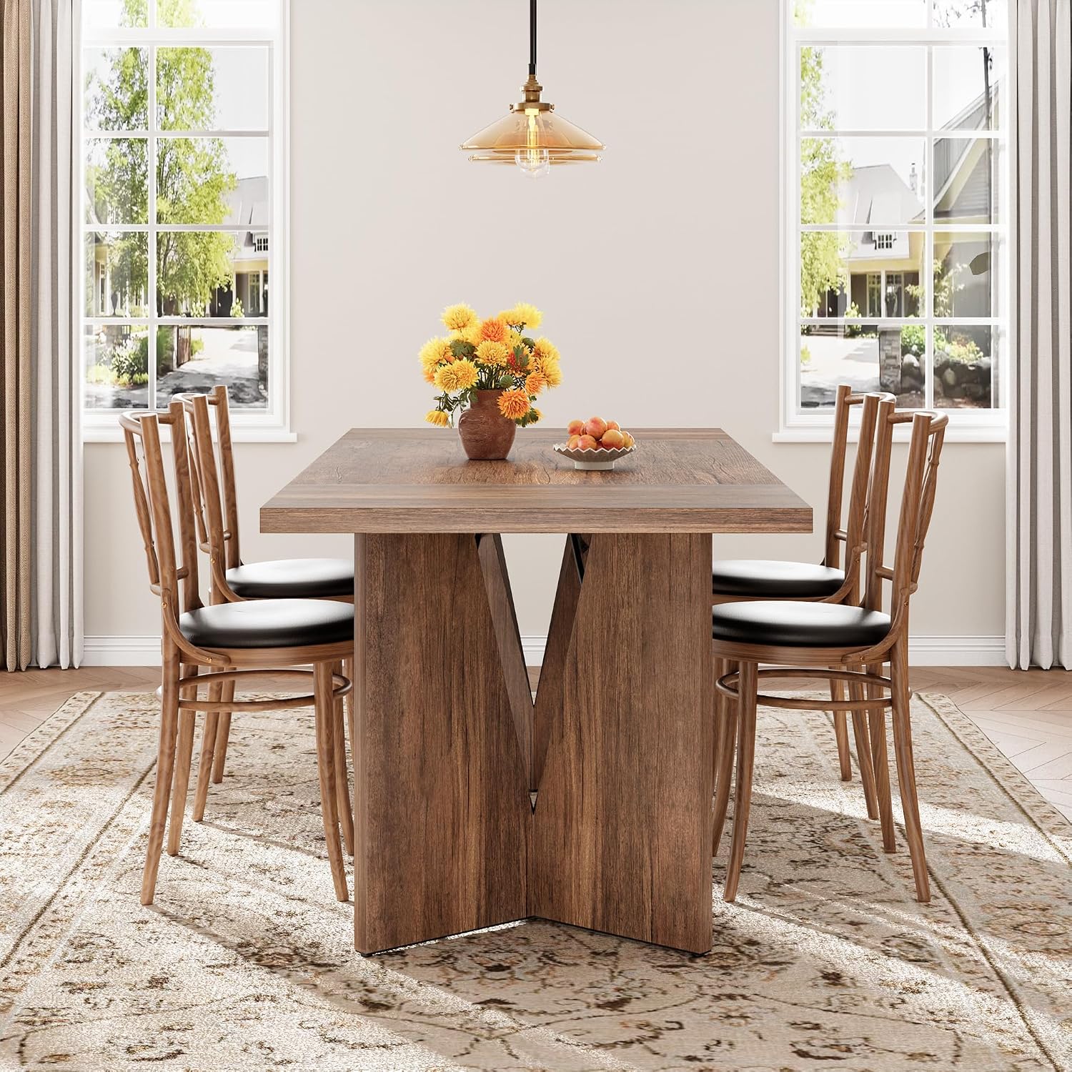 GarveeHome 70.9'' Rectangular Dining Table for 6-8, Wooden Thickened Long Desk, Farmhouse Kichen Table with Sturdy Frame and M-Shaped Legs, for Dining Room, Kitchen, Living Room, Office, Retro Brown