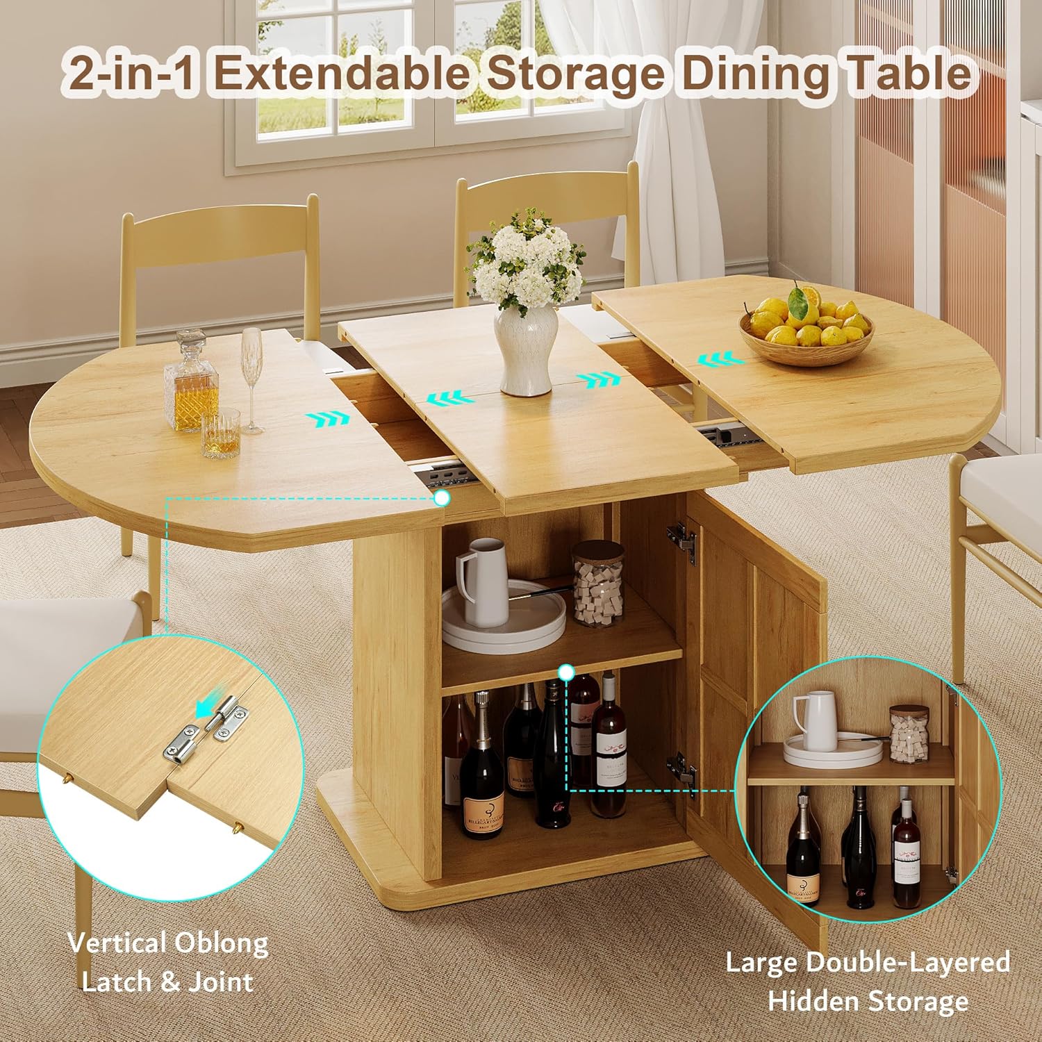 iPormis Round Dining Table for 4-6, 59'' Extendable Dining Room Kitchen Table with 2-Tier Storage Shelf, Modern Wood Dinner Table with Door & Pedestal Base, for Kitchen Living Room, Space Saving, Oak