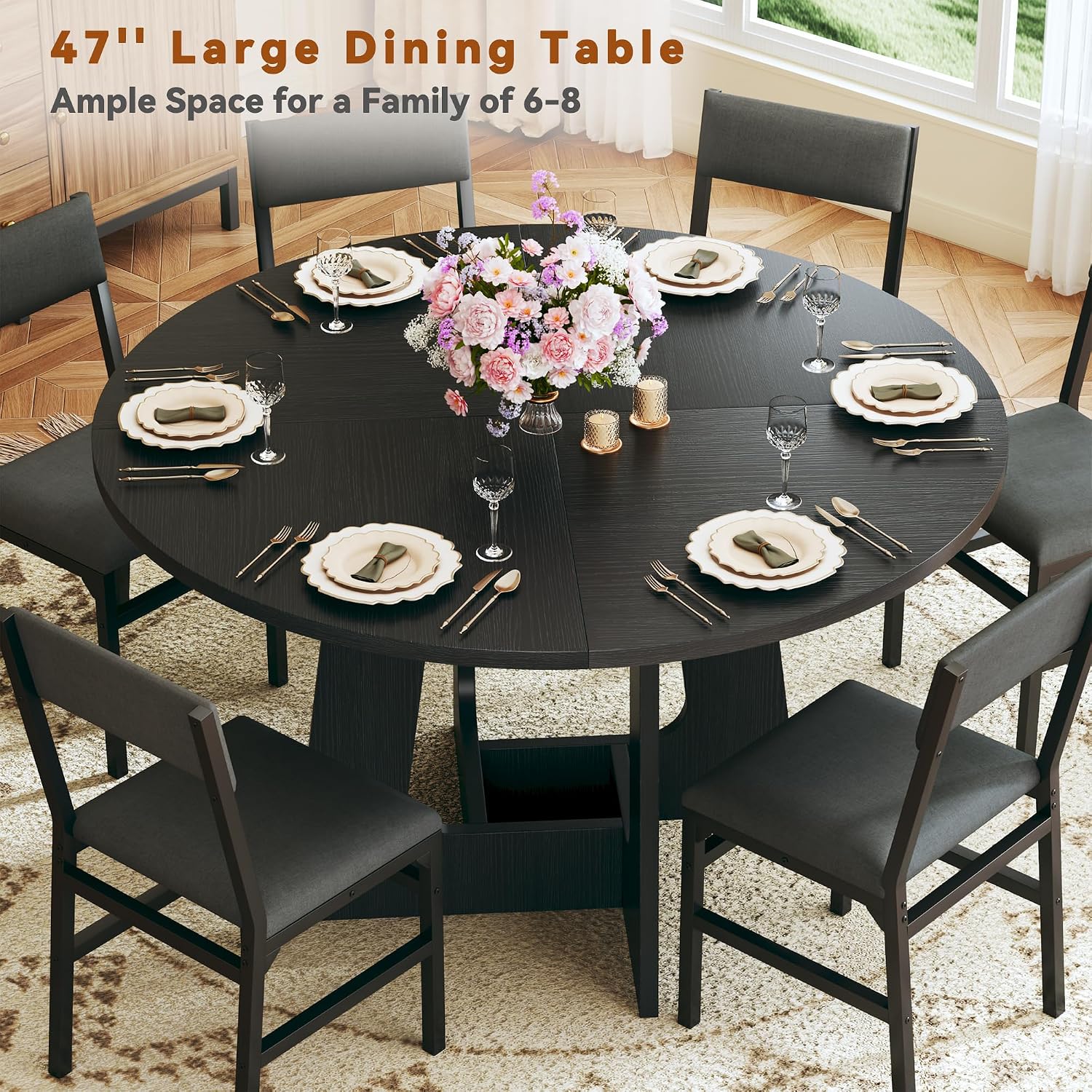 HUAHUU Round Dining Table Set for 6, 7-Piece Kitchen Table and Chairs for 6, 47'' Round Dining Room Table Set with 6 Chairs, Space Saving Dining Table with Wood Base for Kitchen, Living Room, Black