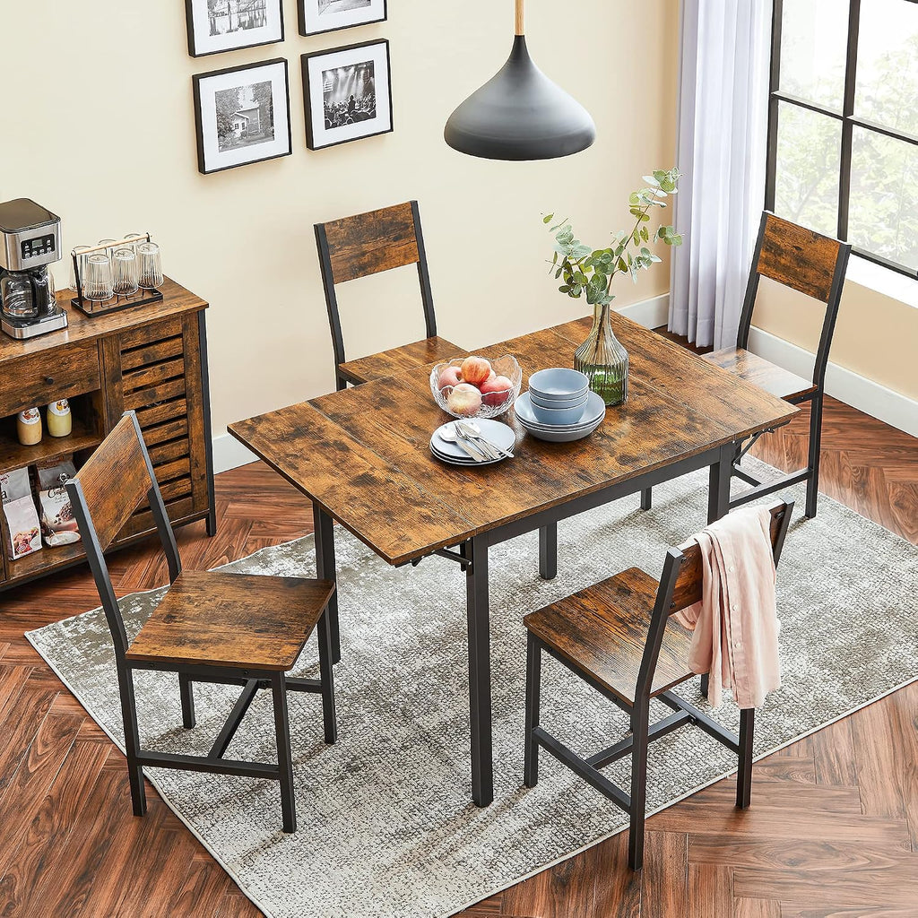 VASAGLE Extendable Dining Set, Dining Table with 2 Chairs, for Kitchen, 33.3-47.3 Inches Wide, Steel Frame, Rustic Brown and Ink Black LDC092B01V1-03