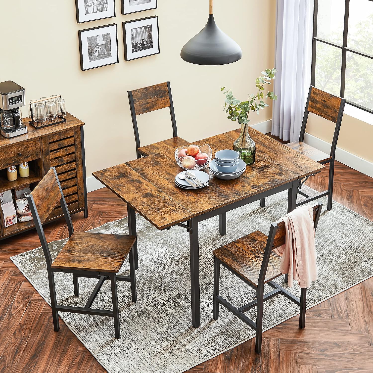 VASAGLE Extendable Dining Table Bundle with 2 Chairs and 2 Benches, Dining Set, for Living Room, Kitchen, Steel Frame, Easy Assembly, Rustic Brown and Ink Black UZH2504043