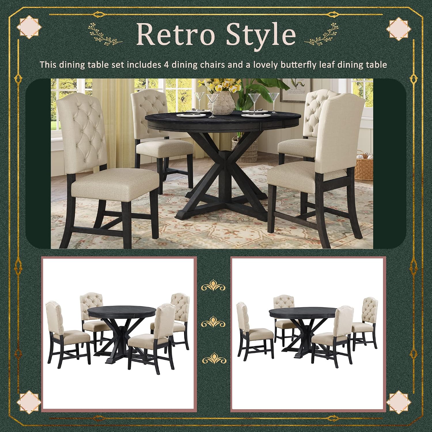 Bellemave Extendable Dining Table Set for 4, 5-Piece Round Table Set with 4 Chairs, Circle Table with Upholstered Chairs, Oval Kitchen Table Set with Extendable Table (Espresso)