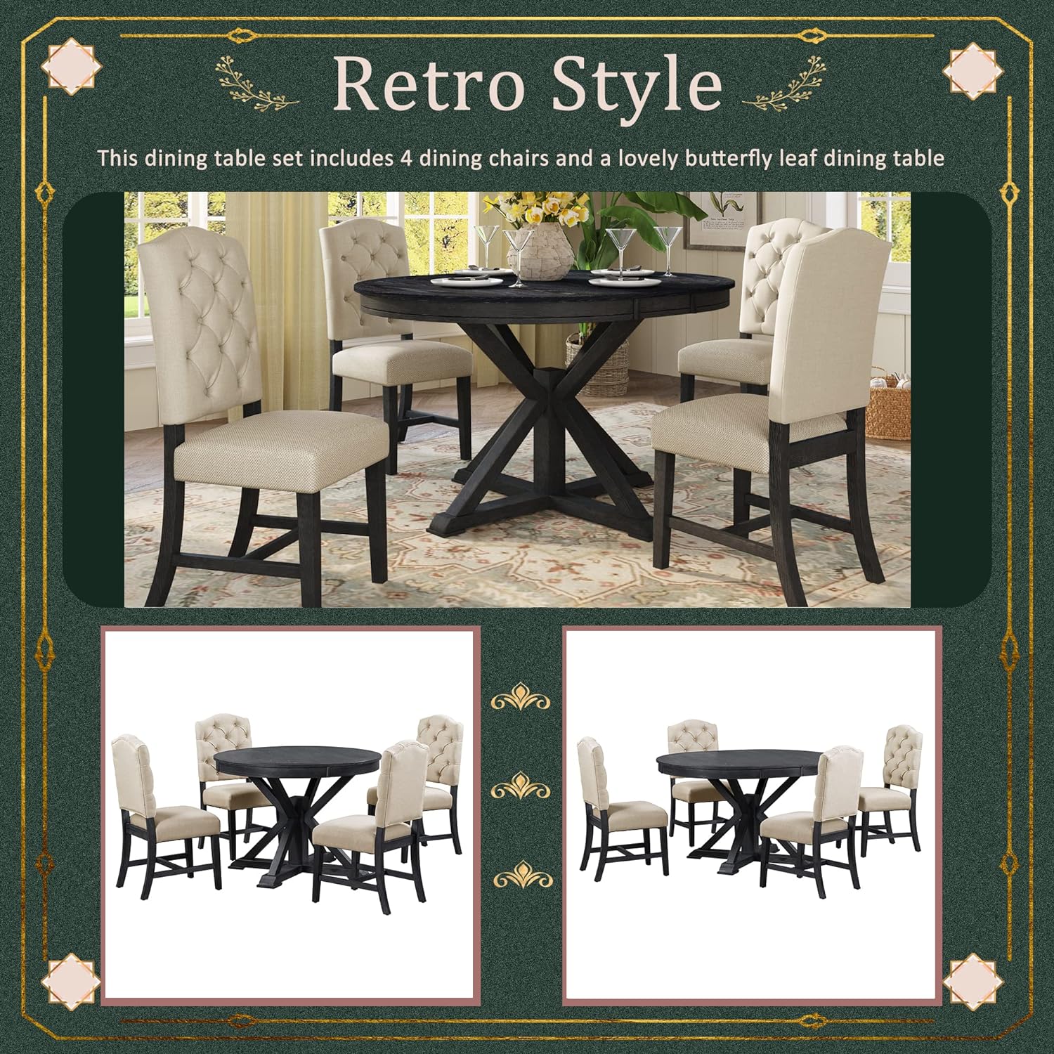 LUMISOL 5-Piece Solid Wood Dining Table Set for 4, Farmhouse Extendable Round Kitchen Table Set with 4 Upholstered Chairs for Kitchen, Dining Room, Living Room, Espresso+Dark Beige