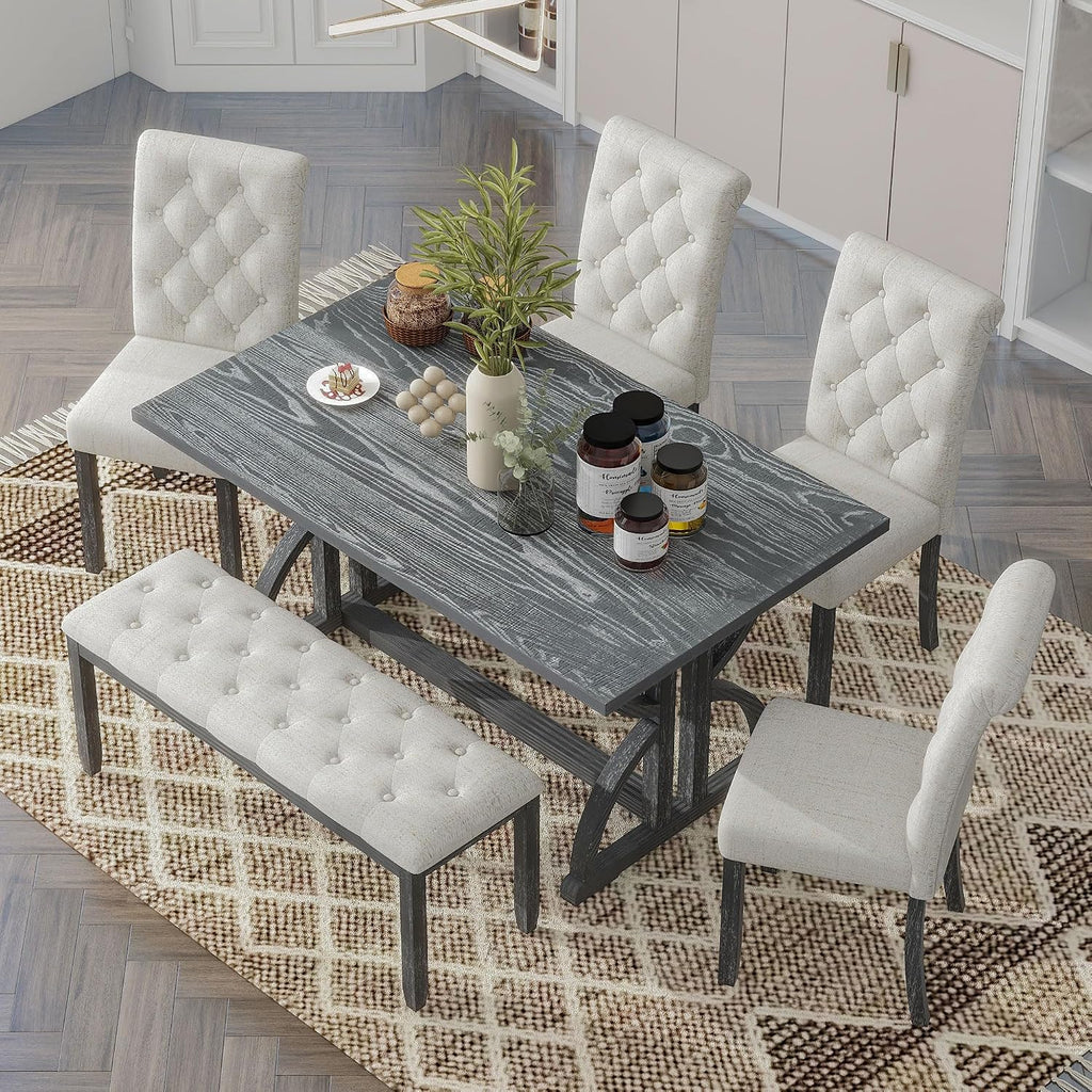 Merax 6-Piece Solid Wood Dining Room Table Set with 4 Upholstered Chairs, Farmhouse Rectangular Kitchen Table Set with Bench for 6 People, Dining Room Kitchen Set, Gray Wash+Beige