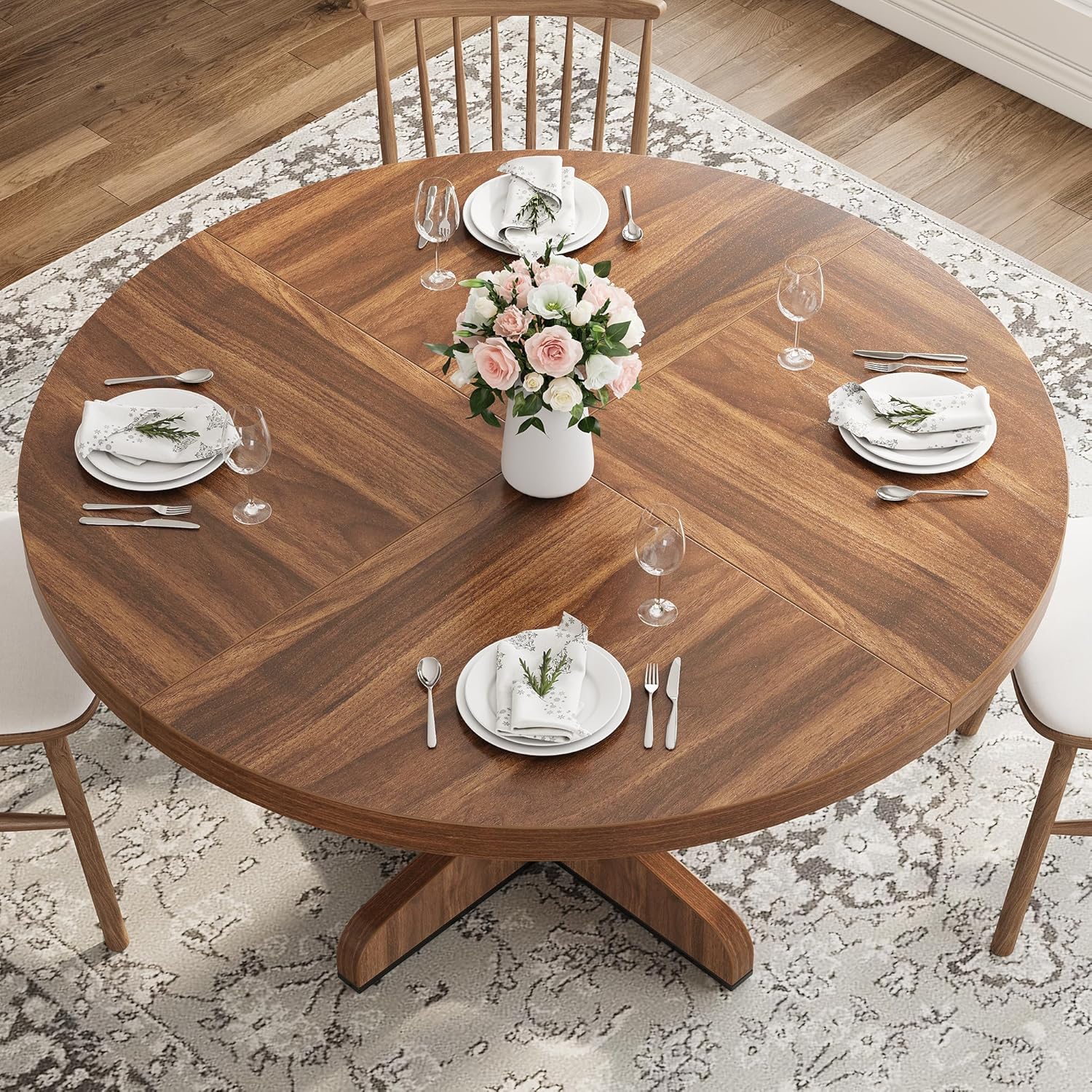 IDEALHOUSE Round Dining Table for 4, 47 Inches Dining Room Table with Wooden Base, Circle Kitchen Dinner Table for Dining Room, Kitchen, Living Room (Table Only), Walnut