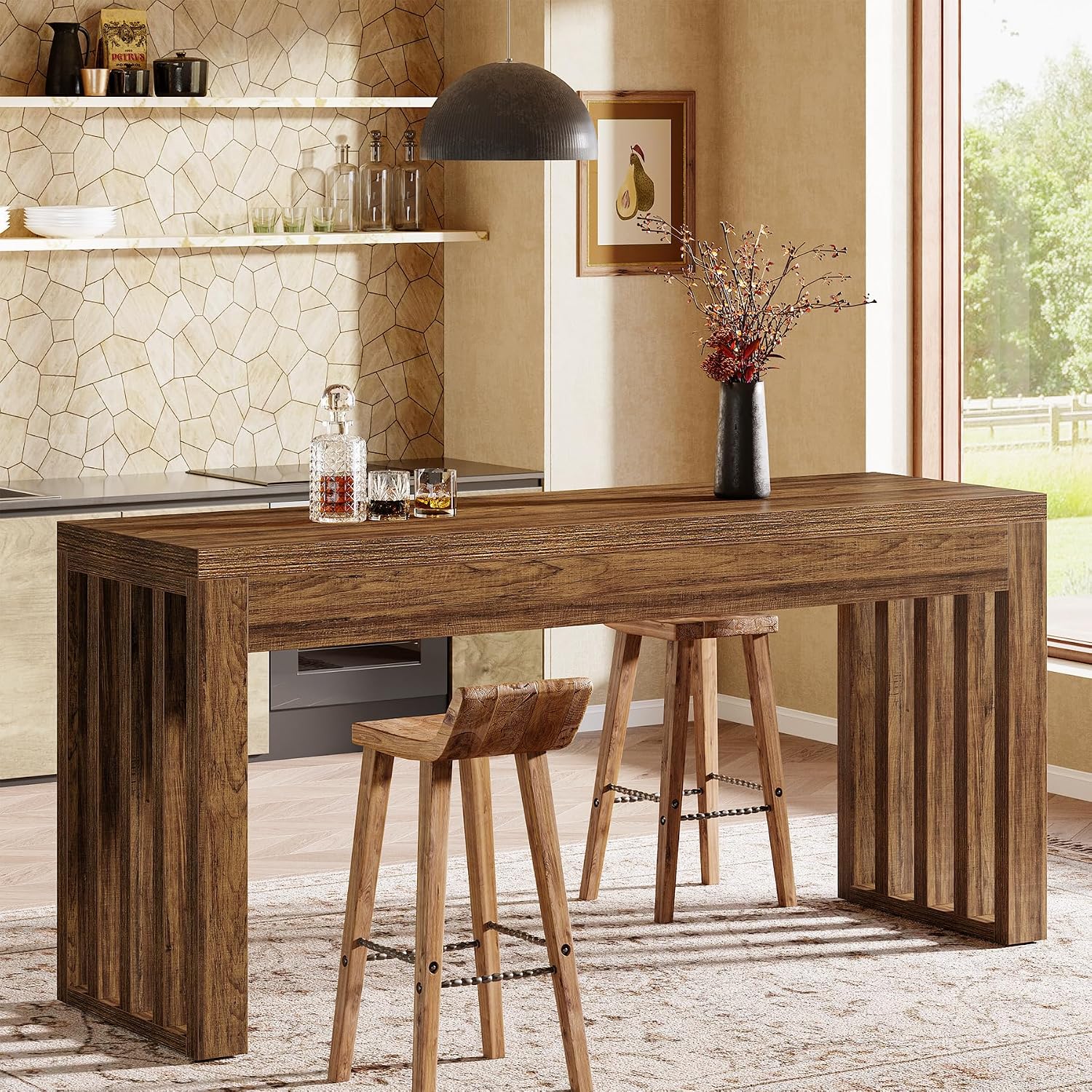Tribesigns 63-inch Bar Table, Farmhouse Counter Height Pub Dining Table, Rectangular Kitchen Bar Height Table for Dining Room, Bistro, Restaurant,Rustic Brown