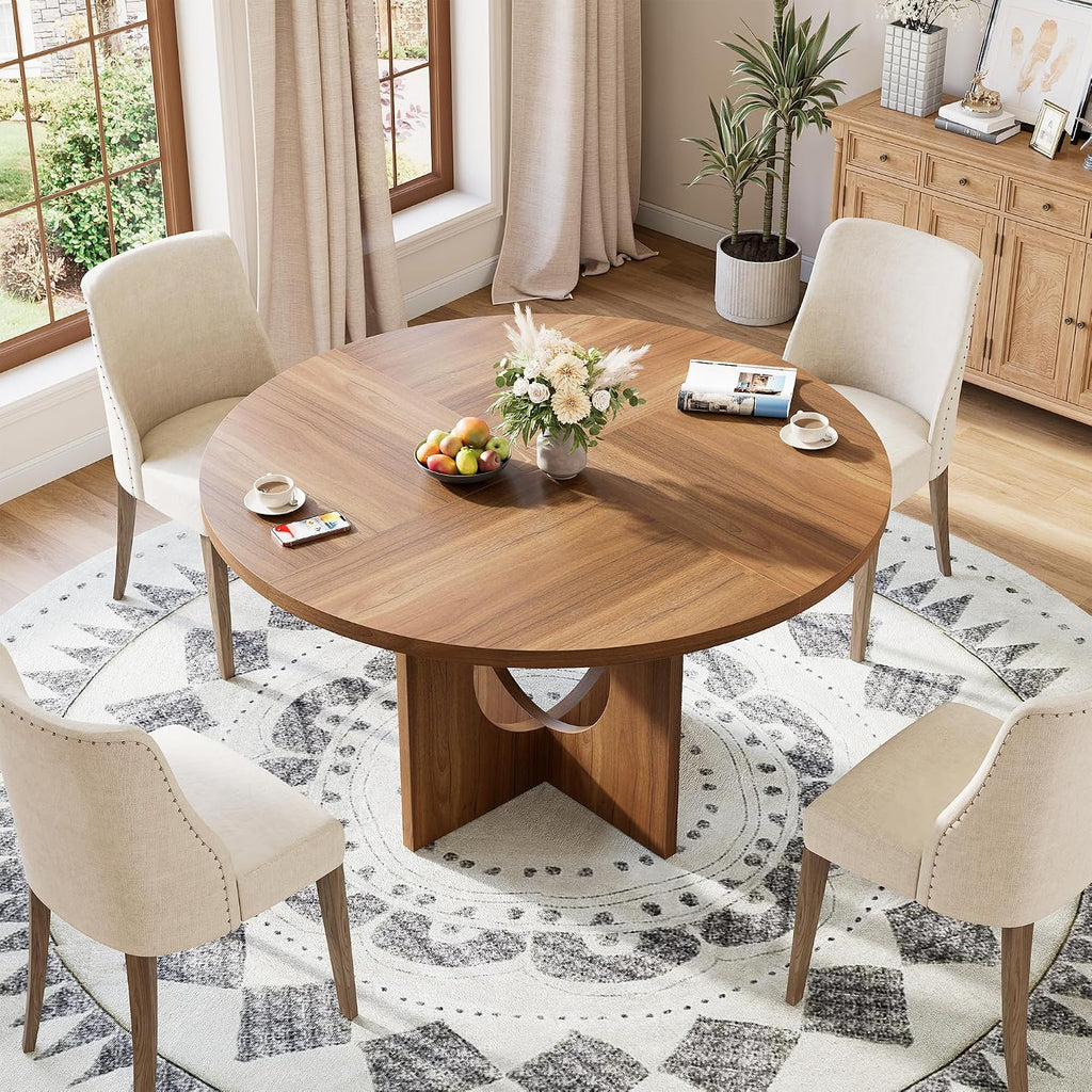 Garvee 47' Round Dining Table for 4-6 People - Circle Kitchen Dinner Table with Sturdy Pedestal Base, Space Saving Dinning Room Furniture for Living Room, Kitchen, Apartment, Brown