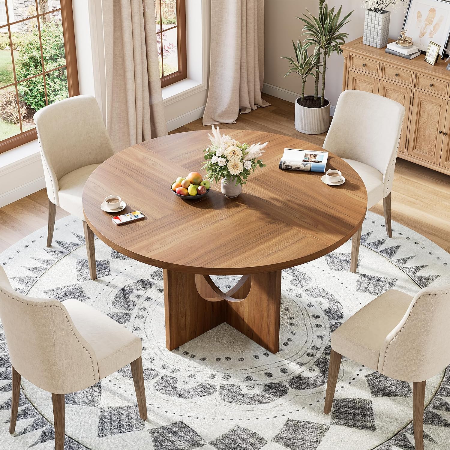 Garvee 47' Round Dining Table for 4-6 People - Circle Kitchen Dinner Table with Sturdy Pedestal Base, Space Saving Dinning Room Furniture for Living Room, Kitchen, Apartment, Brown