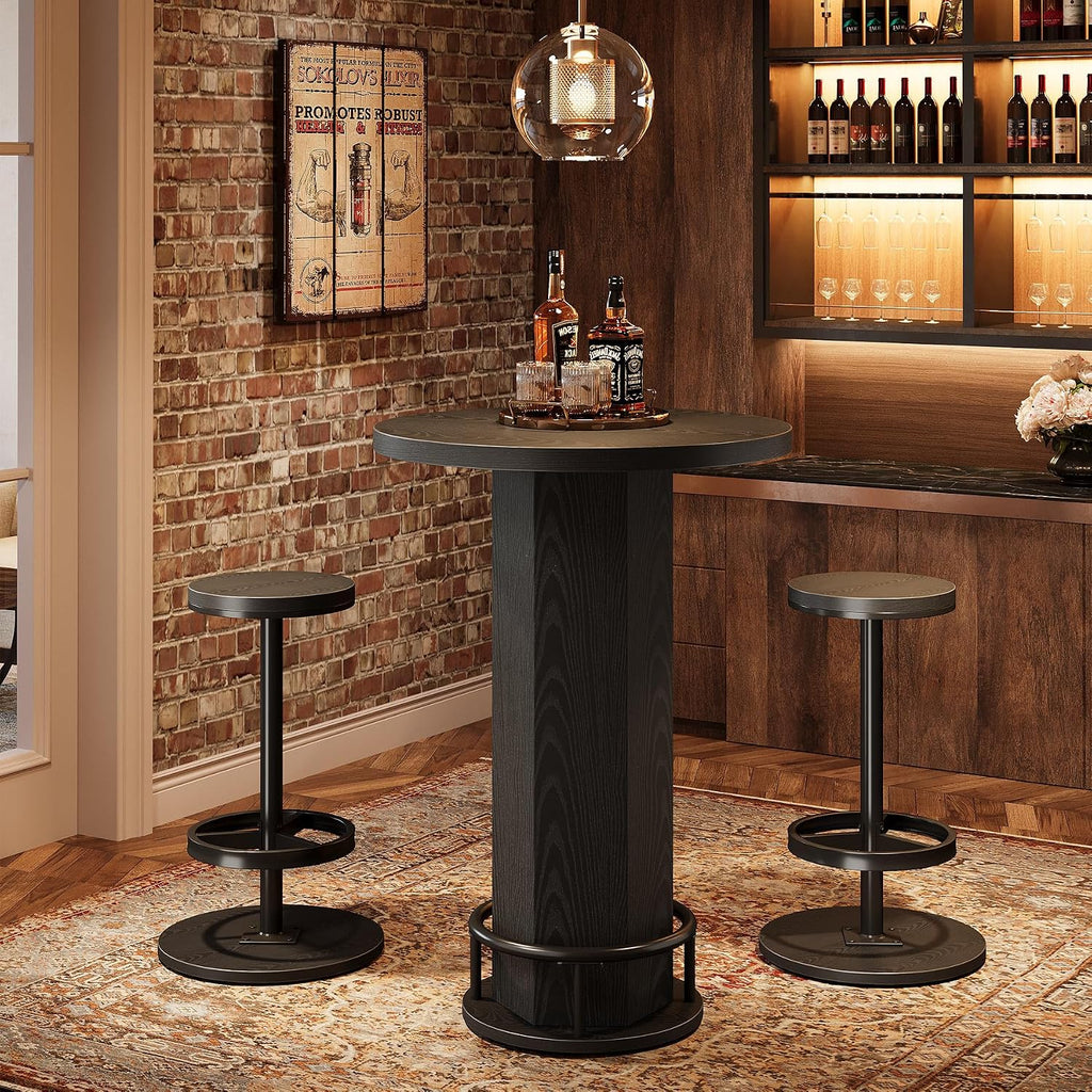 Tribesigns Round Bar Table with Chairs, Industrial Bistro Sets with 2 barstools, Pub Cocktail Table with Metal Ring Footrest for Kitchen Nook, Apartment, Small Space