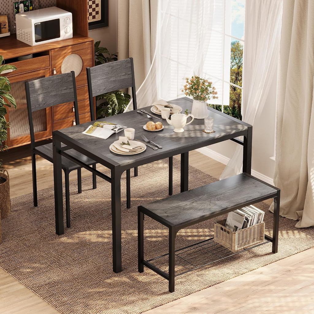 Shahoo Kitchen Table and 2 Chairs for 4 with Bench, 4 Piece Dining Sets for Small Space, Dark Grey