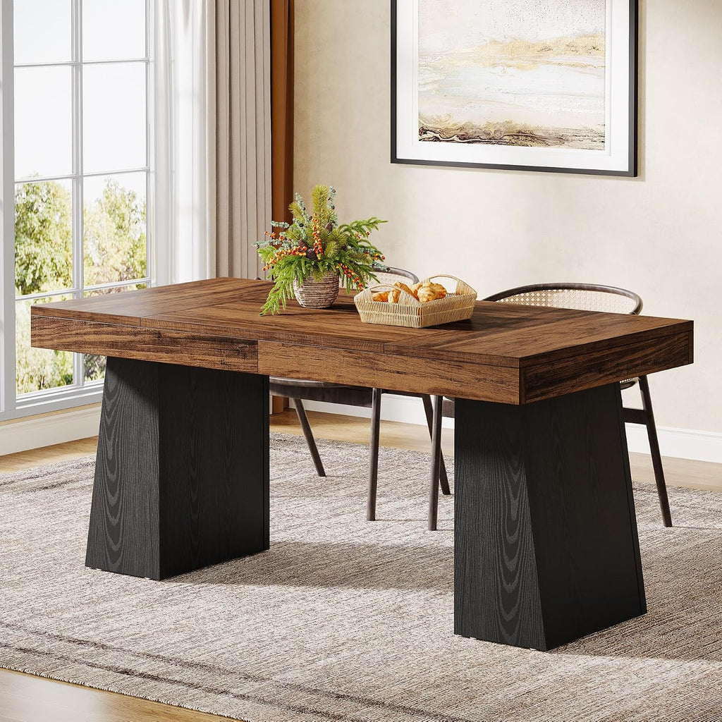 Tribesigns 55-Inch Dining Room Table for 4, Mid-Century Modern Dining Table with Double Pedstral, Rectangular Wood Kitchen Dinner Tables for Dining Room, Kitchen, Home, Black & Brown (Only Table)