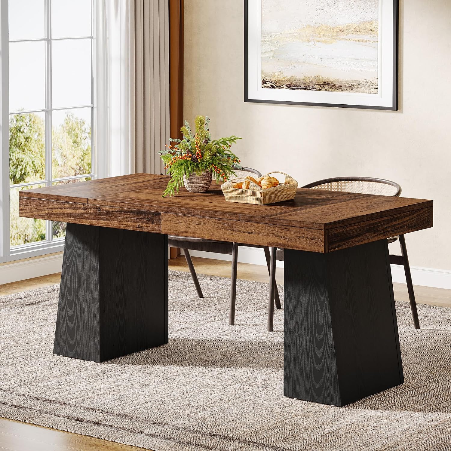 Tribesigns 55-Inch Dining Room Table for 4, Mid-Century Modern Dining Table with Double Pedstral, Rectangular Wood Kitchen Dinner Tables for Dining Room, Kitchen, Home, Black & Brown (Only Table)