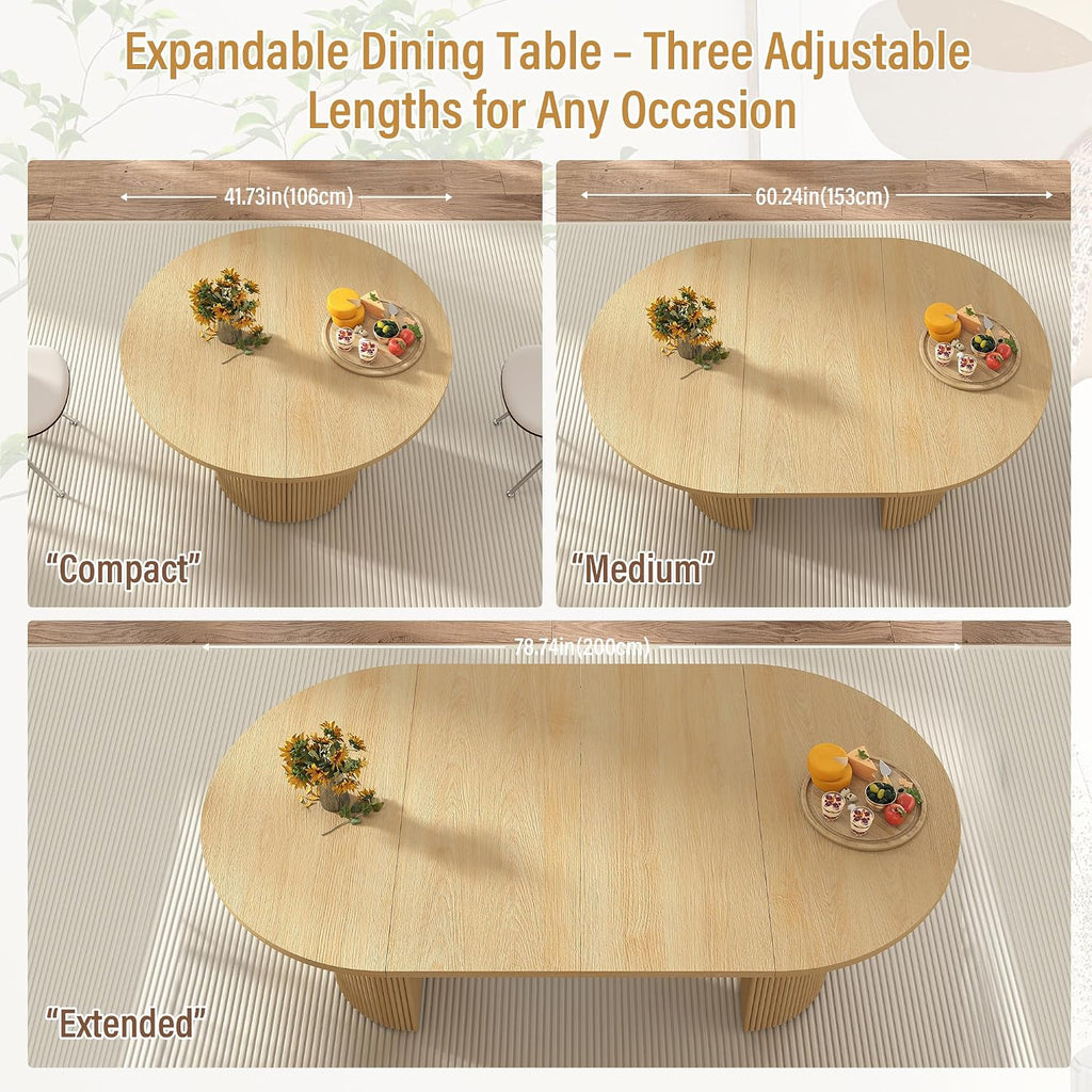41 in-78 in Extendable Dining Room Table for 4-8, Round Expandable Kitchen Table with Fluted Base, Modern Farmhouse Oval Dinner Tables for Dining Room Kitchen Living Room (Natural)