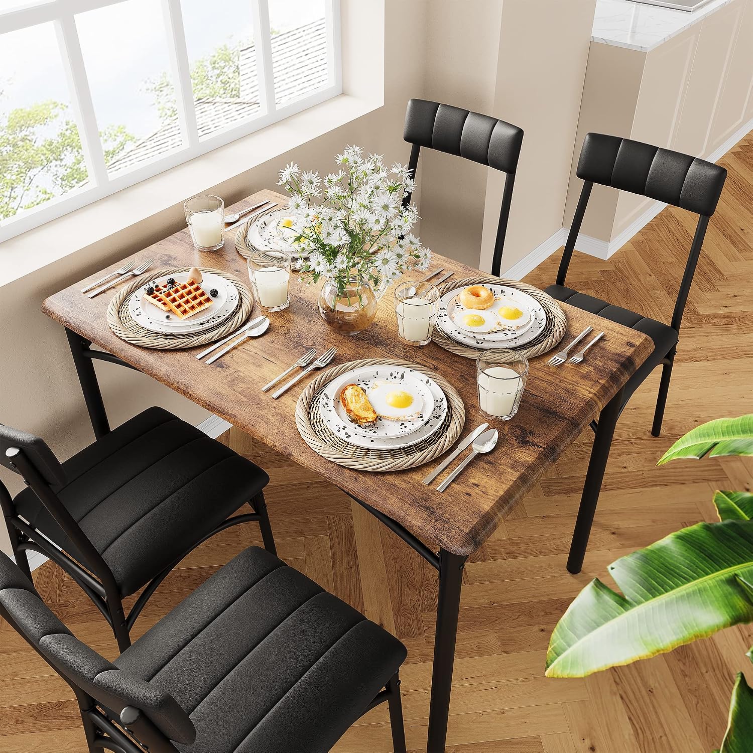 GAOMON Dining Table Set for 4, Kitchen Table and Chairs for 4 with Upholstered Chairs, 5 Piece Dining Room Table Set, Rectangular Kitchen Table Set for Small Space, Apartment, Studio, Rustic Brown