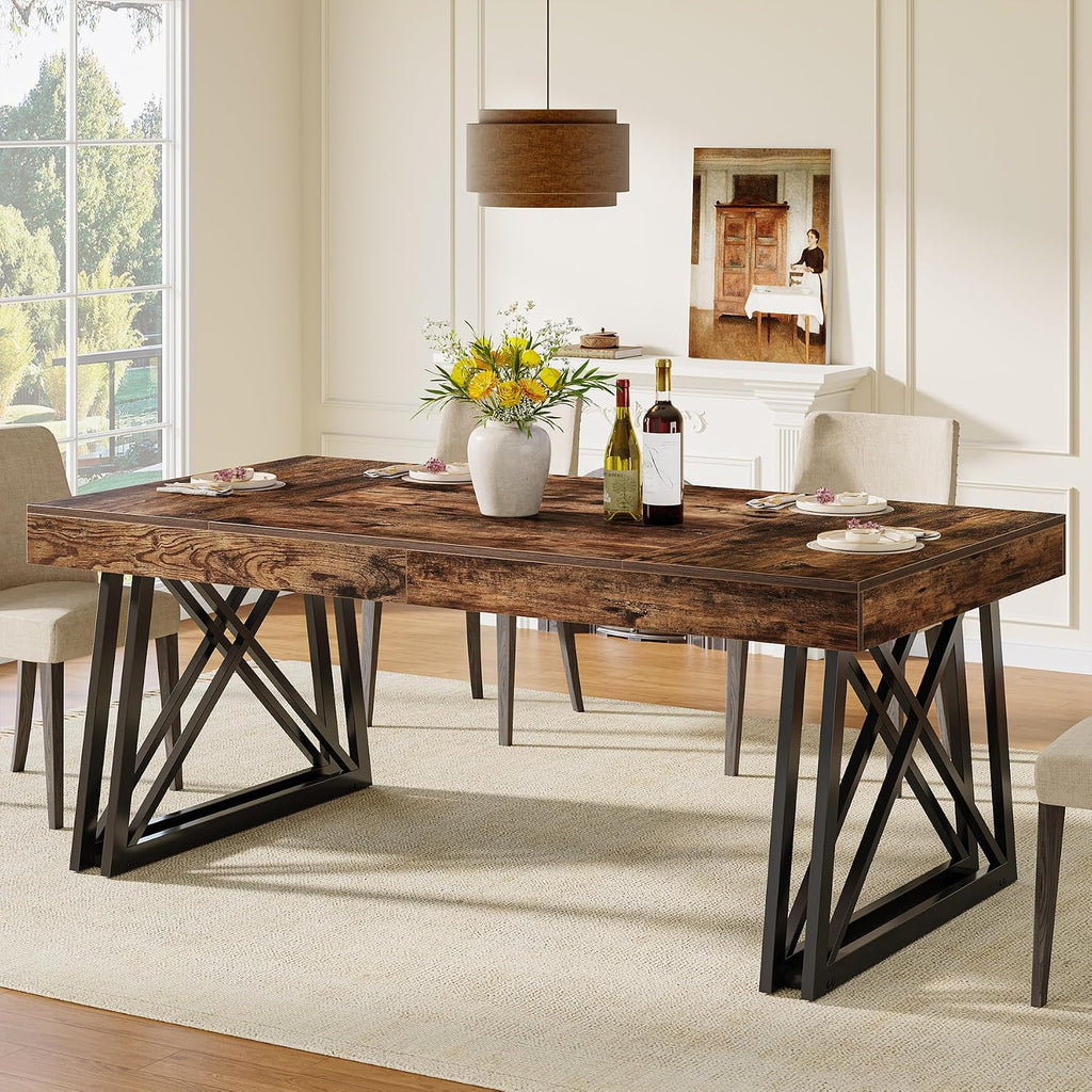 Tribesigns 63-Inch Dining Table for 4-6, Farmhouse Kitchen Table with Sturdy Metal Legs, Rectangular Dinner Furniture for Home, Living Room, Vintage Brown and Black