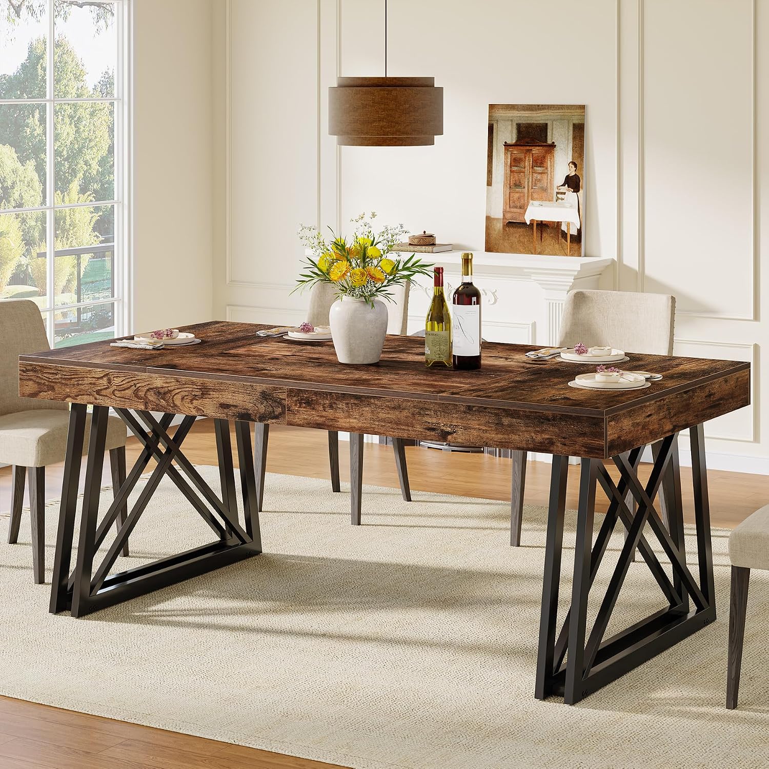 Tribesigns 63-Inch Dining Table for 4-6, Farmhouse Kitchen Table with Sturdy Metal Legs, Rectangular Dinner Furniture for Home, Living Room, Vintage Brown and Black