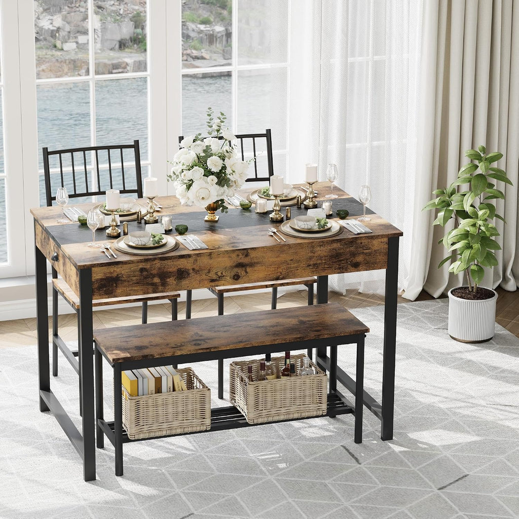 GarveeHome Dining Table Set for 4, Small Kitchen Table and 2 Chairs for 4 with Bench, Space Saving Kitchen Table Set with Storage Rack & Drawers, Breakfast Nook Rectangular Farmhouse Table Set, Retror