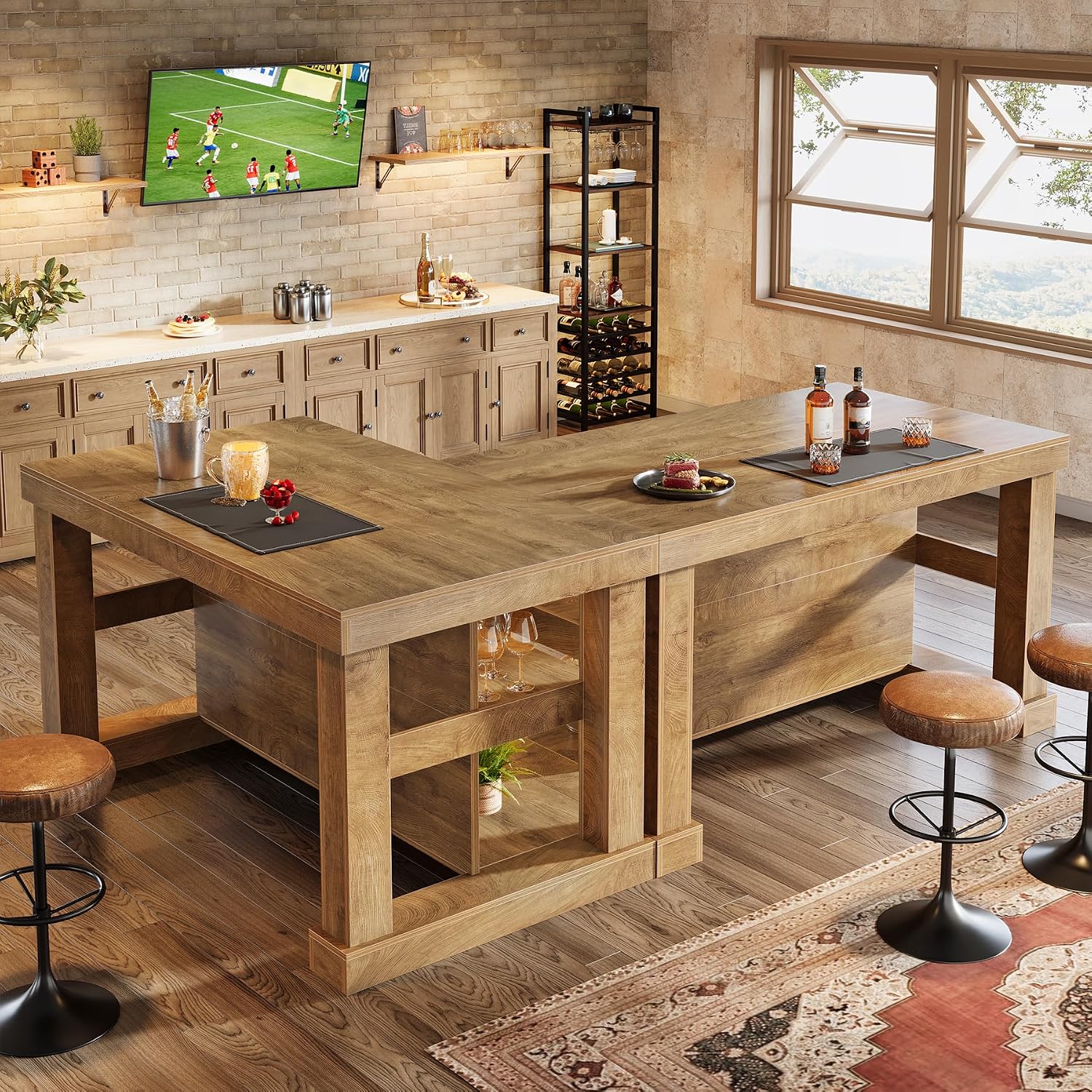 Tribesigns Bar Table, 55-Inch Counter Height Pub Table with Storage Shelves, High Top Kitchen Dining Table, Rectangle Wood Home Bar Unit for Dining Room, Bistro, Light Brown