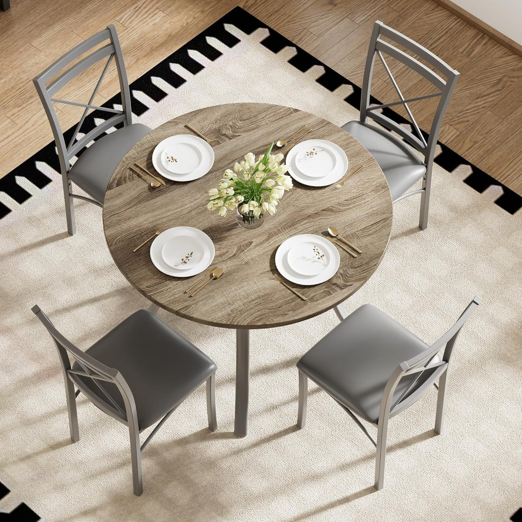 VECELO 5 Piece Dining Table Set for 4 with Chairs, Wood Grain Tabletop, Small Space, Kitchen, Breakfast Nook, Grey