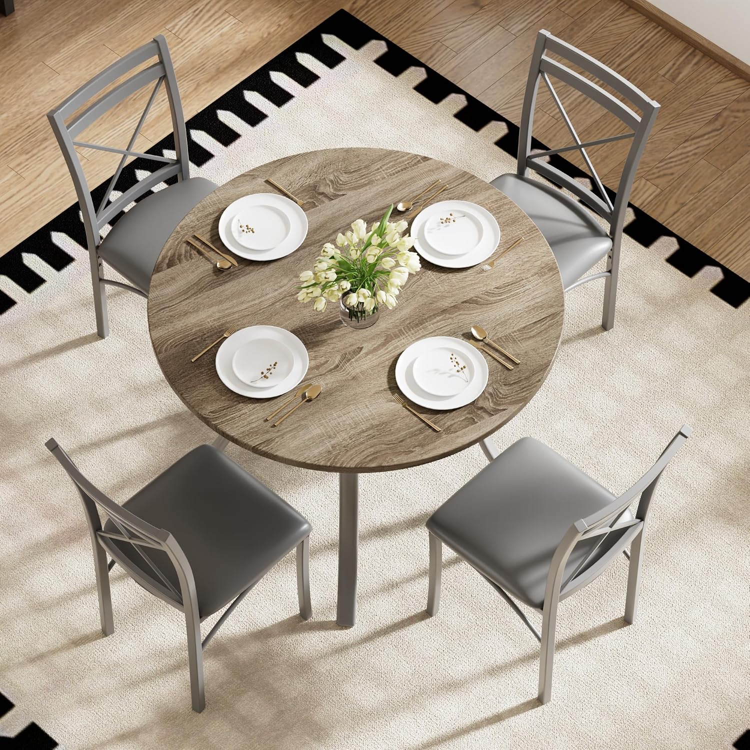 VECELO 5 Piece Dining Table Set for 4 with Chairs, Wood Grain Tabletop, Small Space, Kitchen, Breakfast Nook, Grey