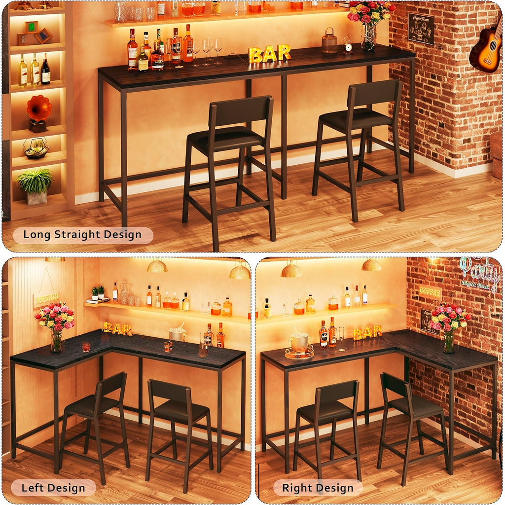 Bar Table and Chairs Set, 3 Piece Convertible L-Shaped Kitchen Table with 2 PU Leather Bar Stools, 63'' Counter Height Small Dining Table with Power Outlets, Space Saving, Breakfast Nook Corner, Black