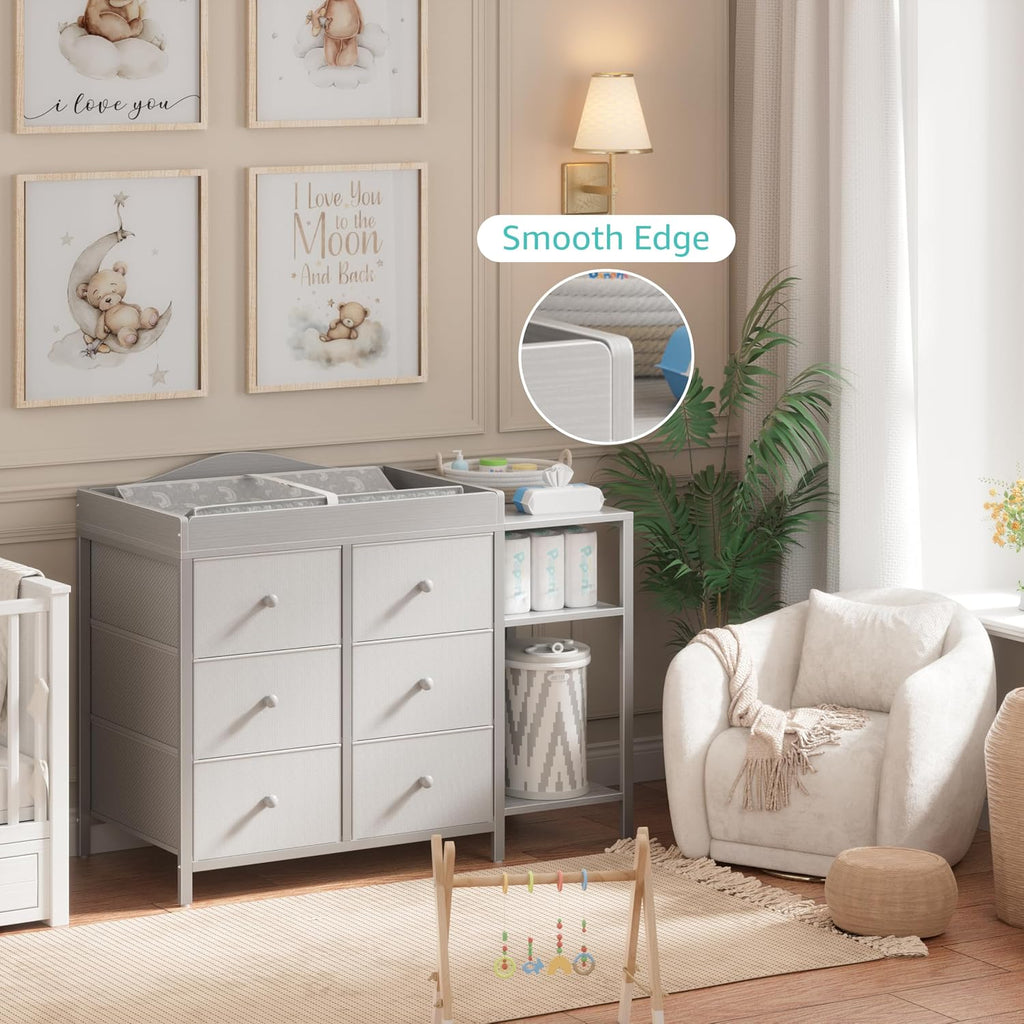 BOLUO Baby Dresser with Changing Table Top, Gray Changing Table Dresser with 6 Fabric Drawers Diaper Changing Station with Storage Shelf for Nursery Modern