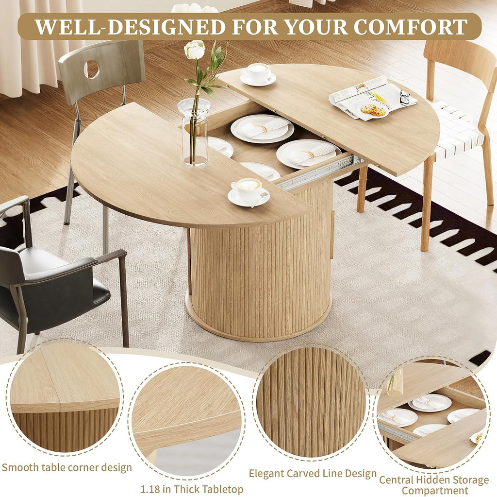 weselon 43'-59' Extendable Round to Oval Dining Table with Hidden Storage, Modern Wooden Kitchen Table with Fluted Sliding Door Cabinet, Expandable Dinner Table for Dining Room Living Room (Natural)
