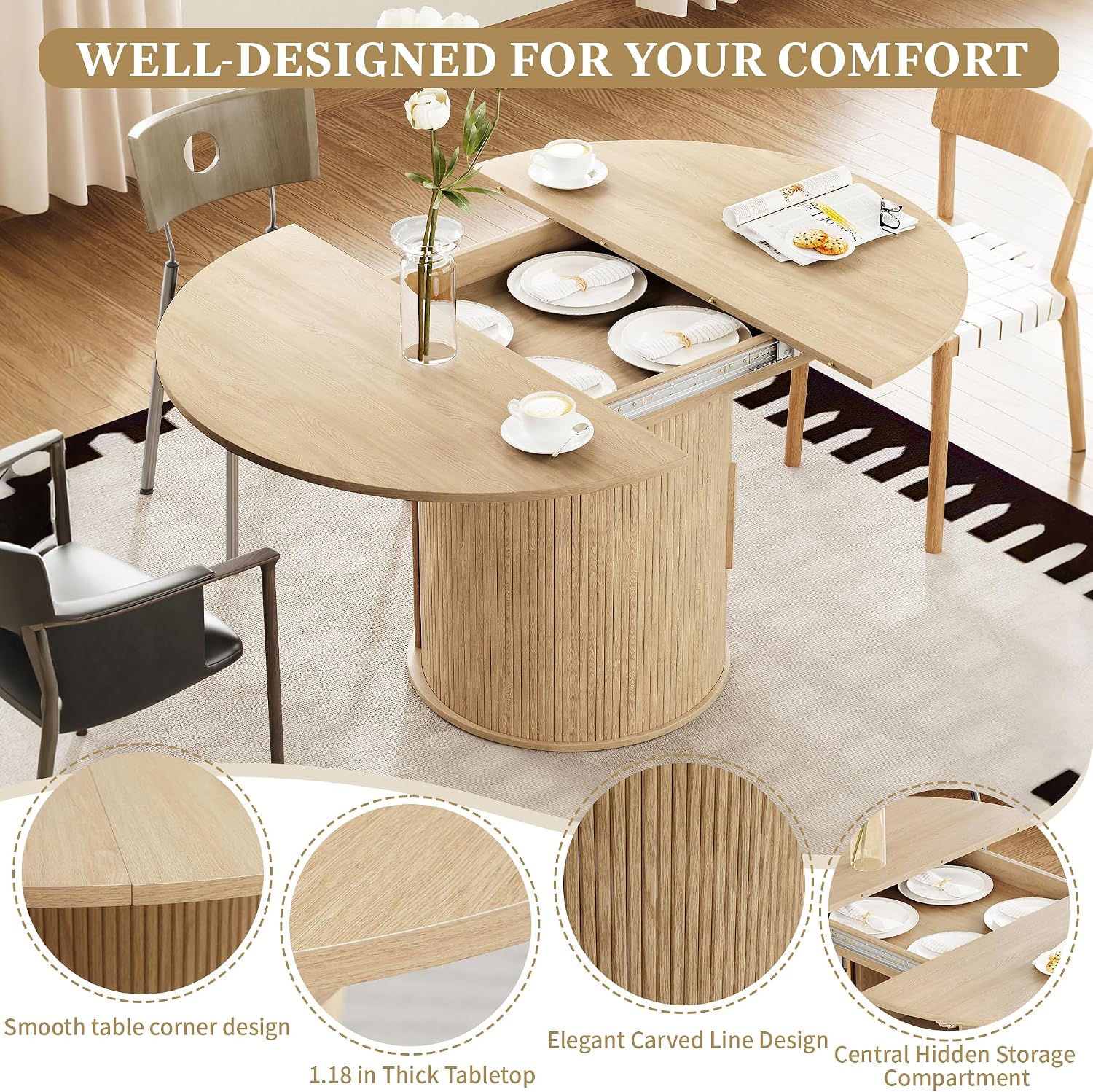 weselon 43'-59' Extendable Round to Oval Dining Table with Hidden Storage, Modern Wooden Kitchen Table with Fluted Sliding Door Cabinet, Expandable Dinner Table for Dining Room Living Room (Natural)