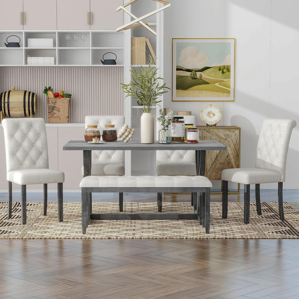 Merax 6-Piece Solid Wood Dining Room Table Set with 4 Upholstered Chairs, Farmhouse Rectangular Kitchen Table Set with Bench for 6 People, Dining Room Kitchen Set, Gray Wash+Beige