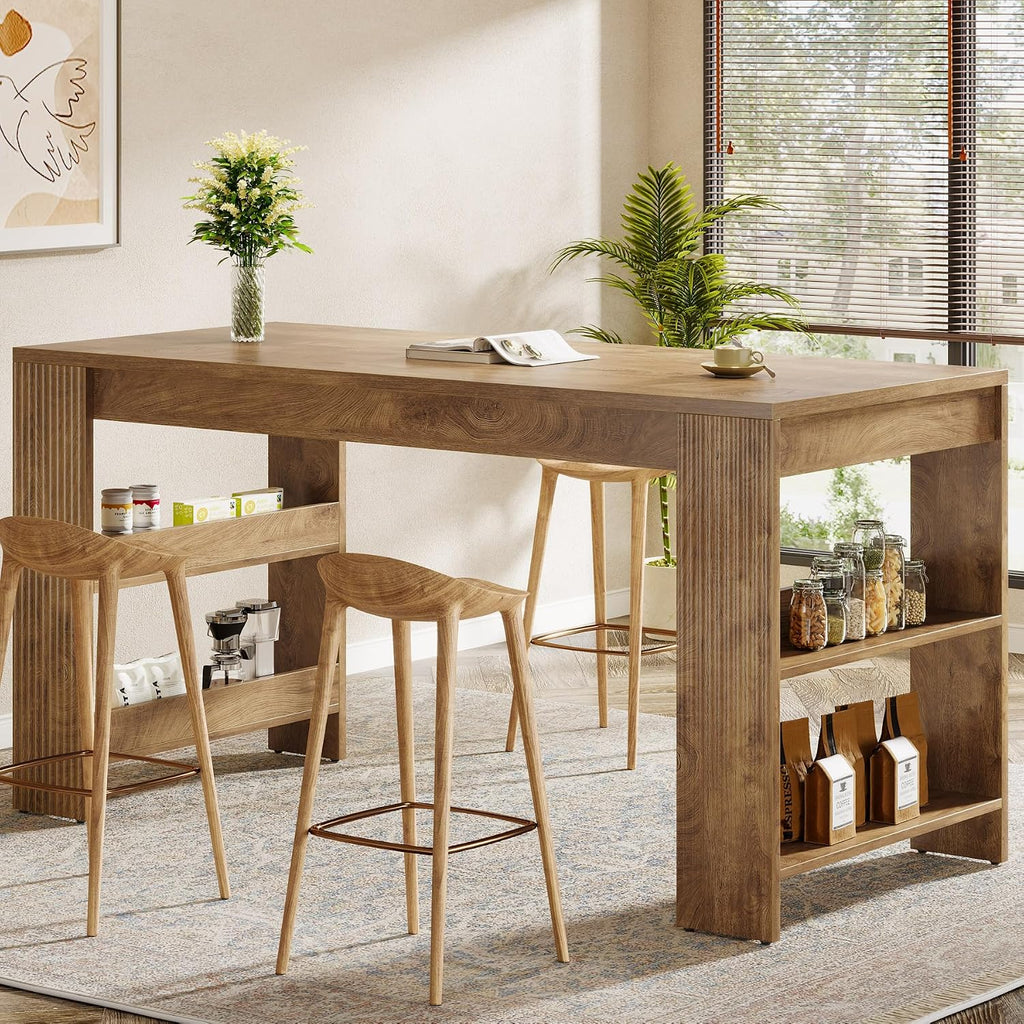 Tribesigns 63-Inch Bar Table, Farmhouse Counter Height Pub Table with Storage Shelves, High Top Bar Unit for Kitchen, Dining Room, Bistro, Natural