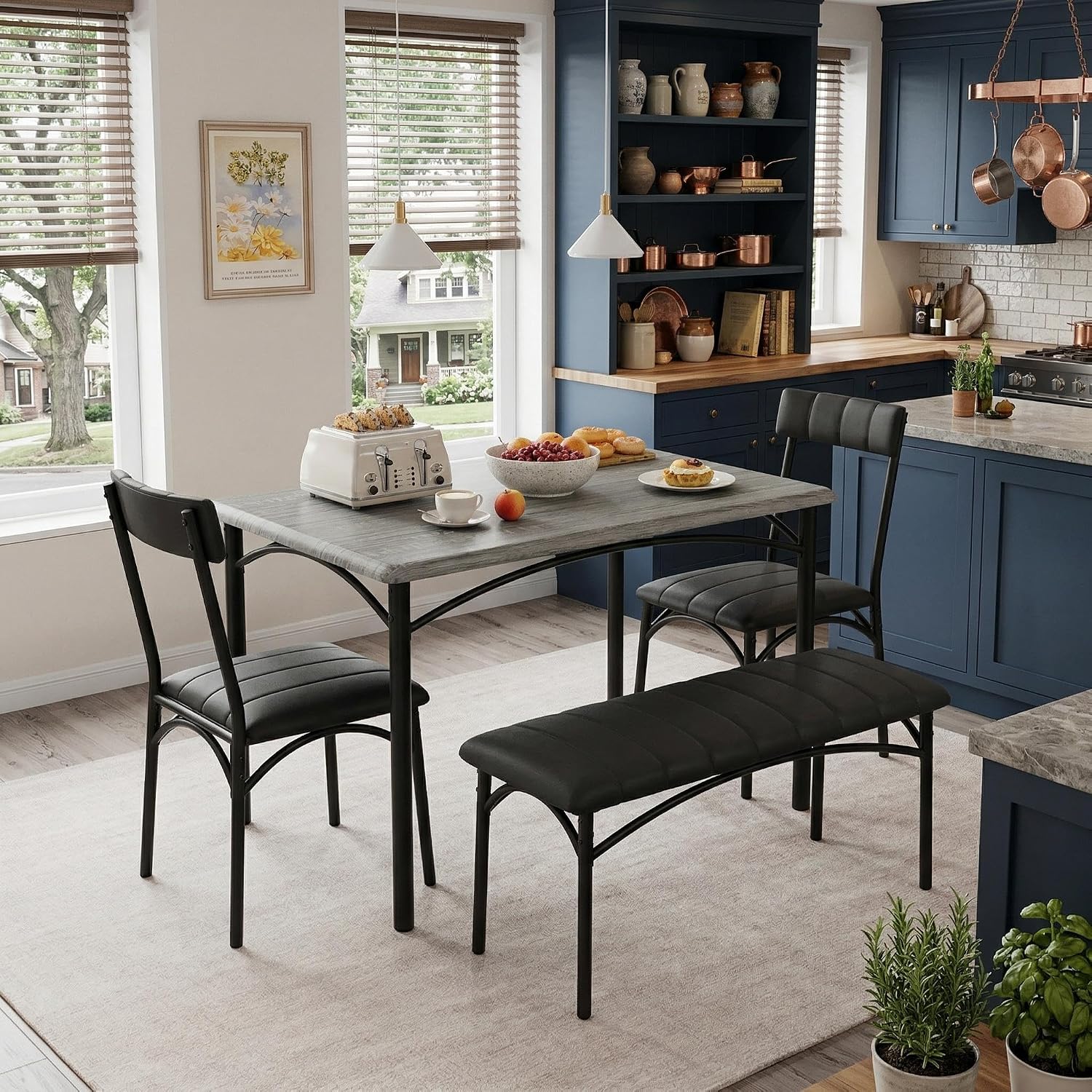 IDEALHOUSE Dining Table Set for 4, Kitchen Table with Chairs for 4, Rectangular Wood Dining Room Table Set with Upholstered Bench for Small Space, Dinner, Apartment, Retro Gray