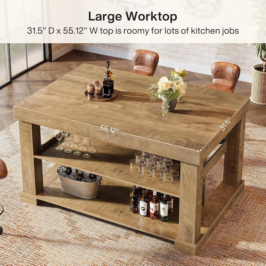 Tribesigns Bar Table, 55-Inch Counter Height Pub Table with Storage Shelves, High Top Kitchen Dining Table, Rectangle Wood Home Bar Unit for Dining Room, Bistro, Light Brown