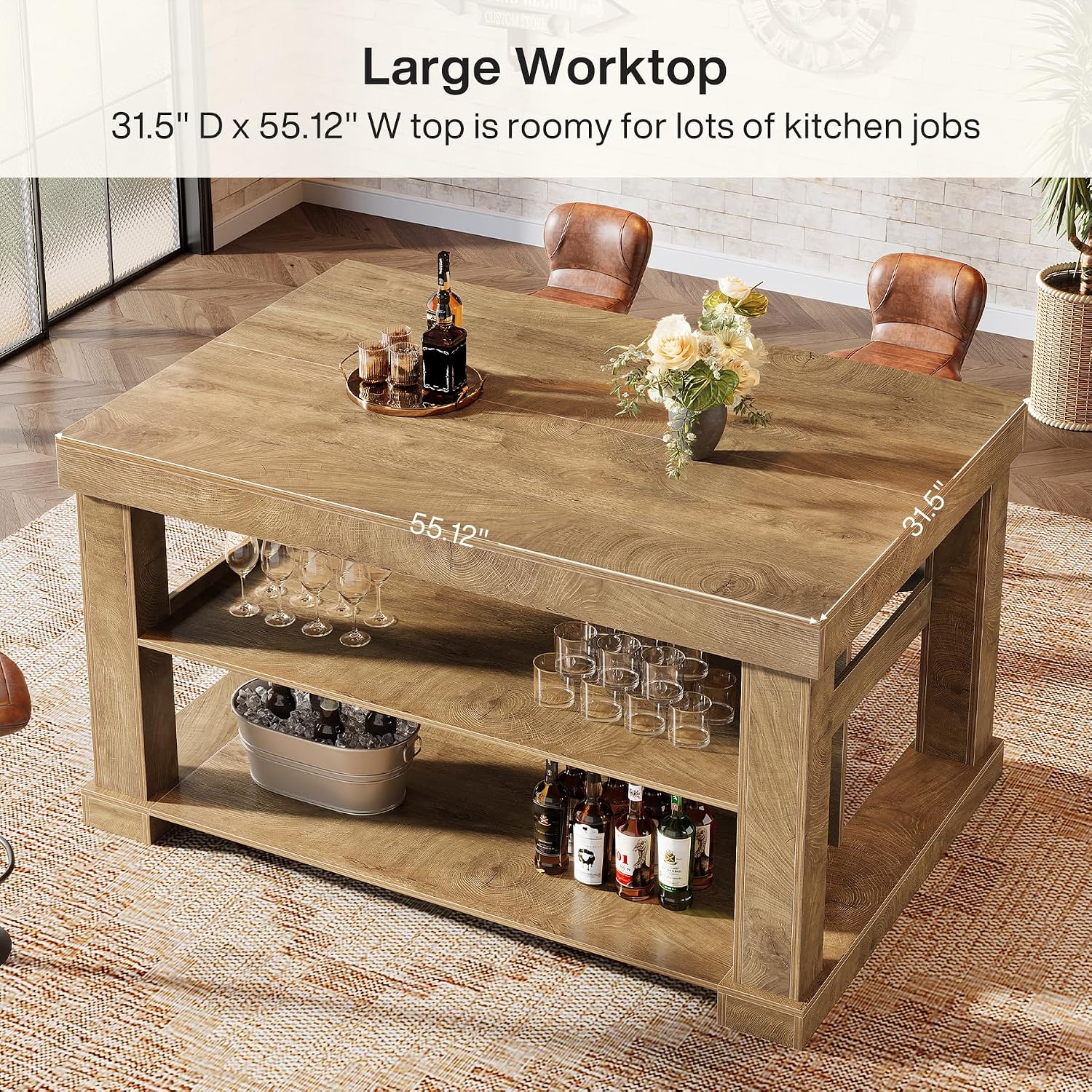 Tribesigns Bar Table, 55-Inch Counter Height Pub Table with Storage Shelves, High Top Kitchen Dining Table, Rectangle Wood Home Bar Unit for Dining Room, Bistro, Light Brown