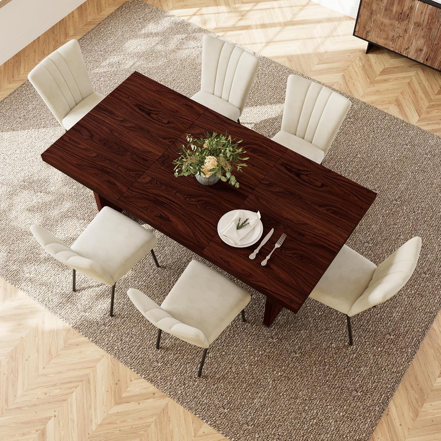 HIPIHOM 7-Piece Dining Table Set for 6 People, 70.8' MDF Kitchen Table with 6 Velvet Chairs, Space-Saving for Dining Room, Breakfast Nook(Walnut Table+6 Beige Chairs)