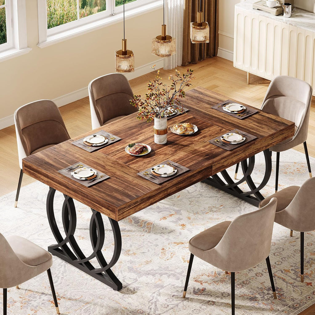 Tribesigns 63-Inch Dining Table for 4-6, Modern Kitchen Table with Faux Marble Tabletop and Geometric Legs, Rectangle Dining Room Furniture for Living Room, Kitchen, Rustic Brown and Black